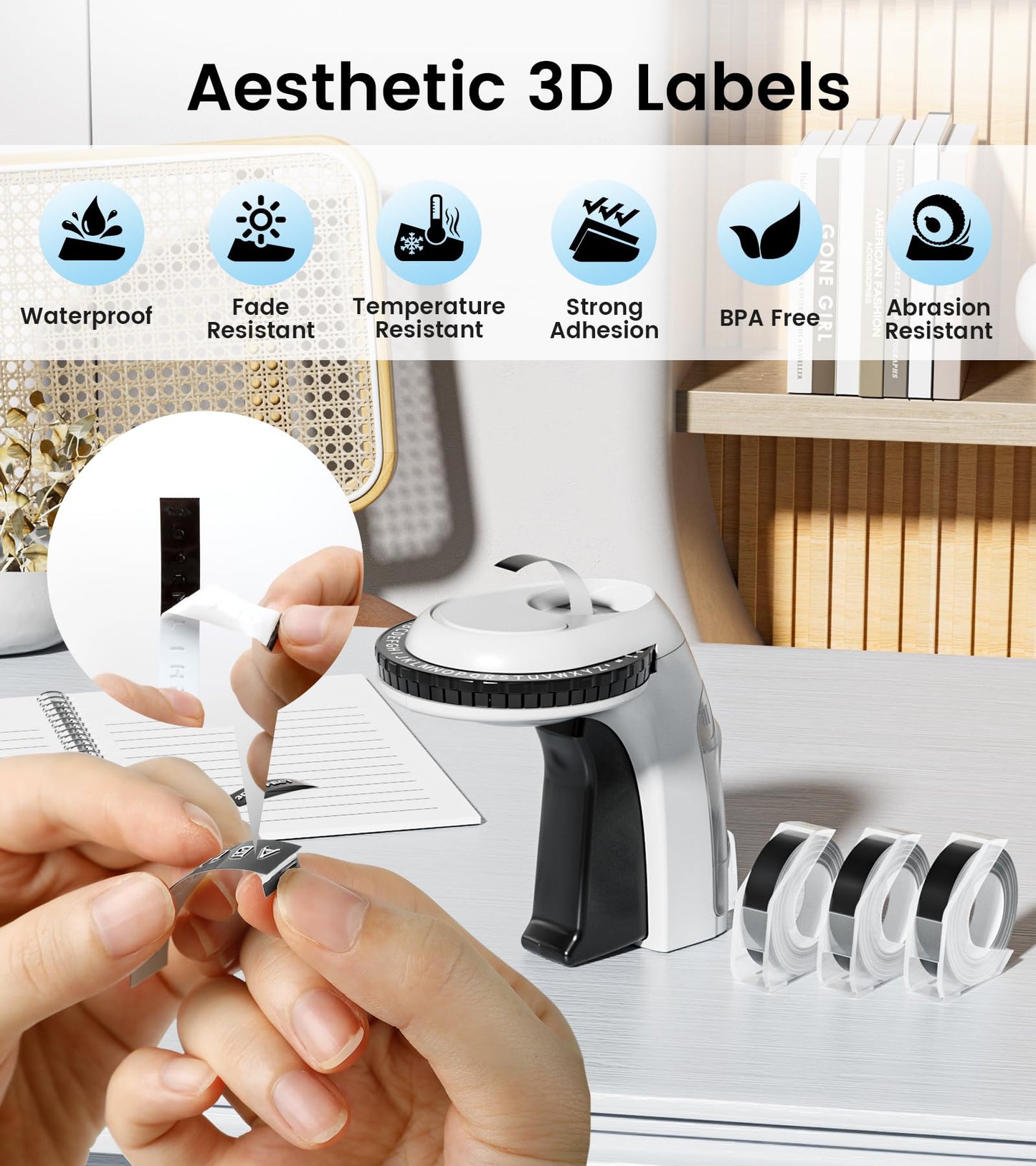 Embossing Label Maker, Vintage Embossed Label Maker, Portable 3D Embosser Retro Label Printer with 3 Rolls 3D Embossing Label for Home Office Kids DIY Crafting, Black