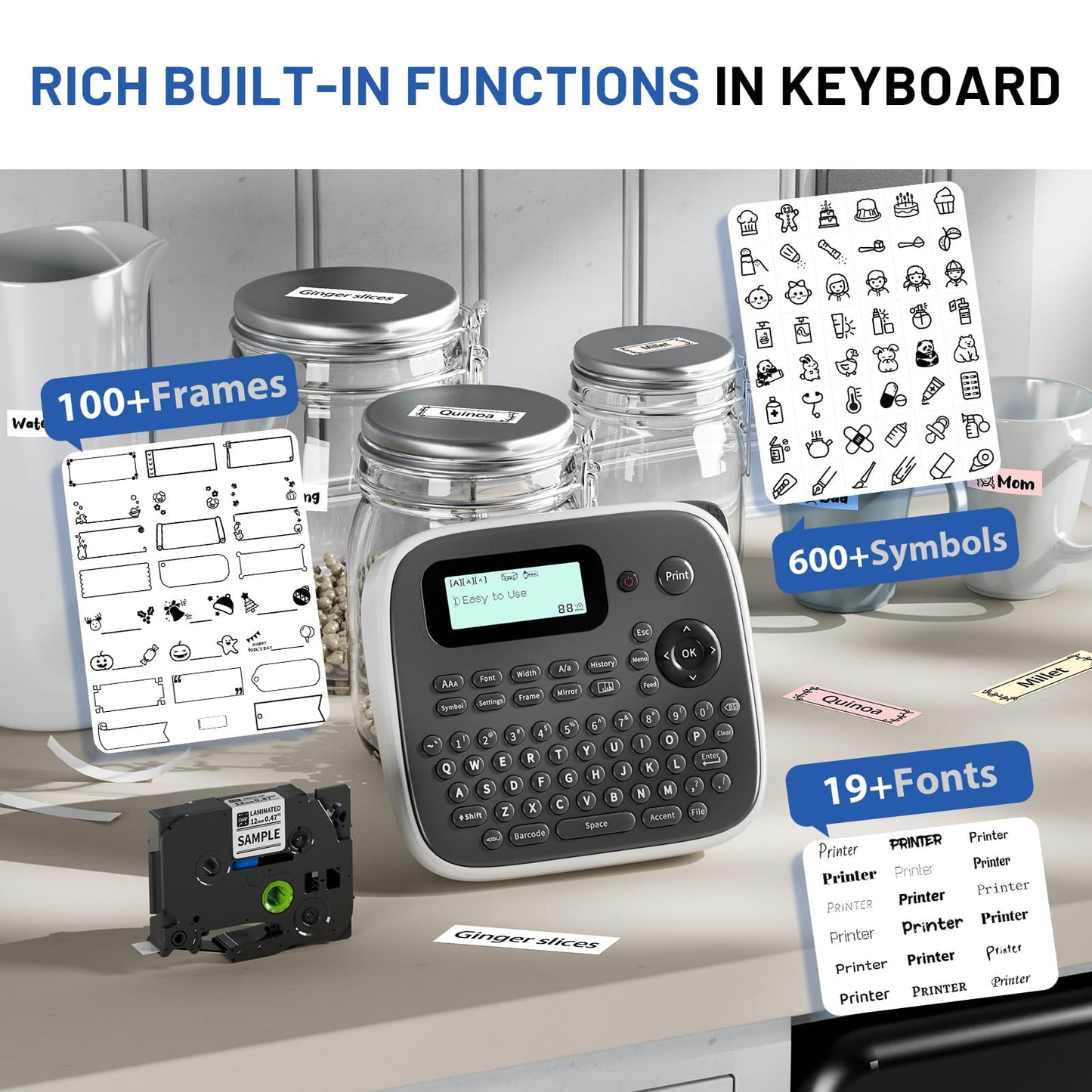 Label Maker Machine with Tape, Portable Label Maker with Keyboard, One-Touch Keys Labeler, Easy Label Maker Printer for Kitchen Office Kids School Stuff, EazeID D210S Gray