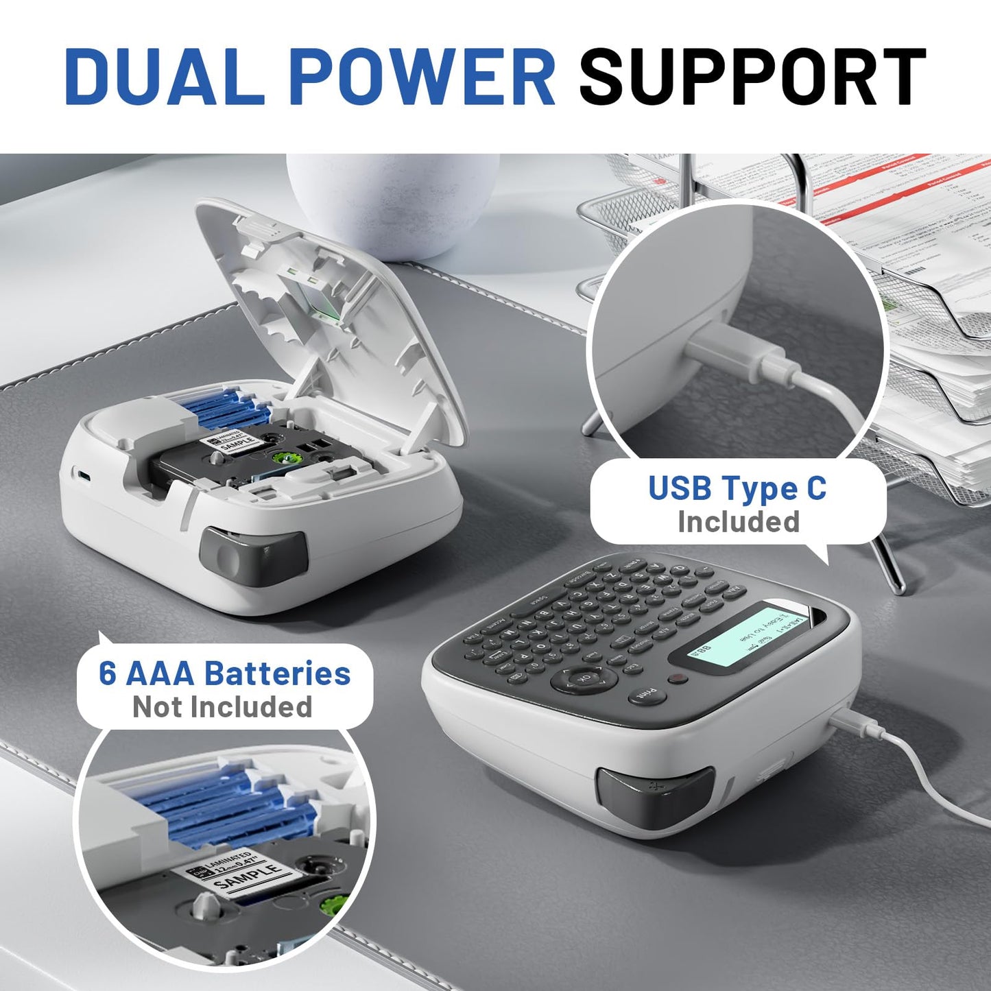 Label Maker Machine with Tape, Portable Label Maker with Keyboard, One-Touch Keys Labeler, Easy Label Maker Printer for Kitchen Office Kids School Stuff, EazeID D210S Gray