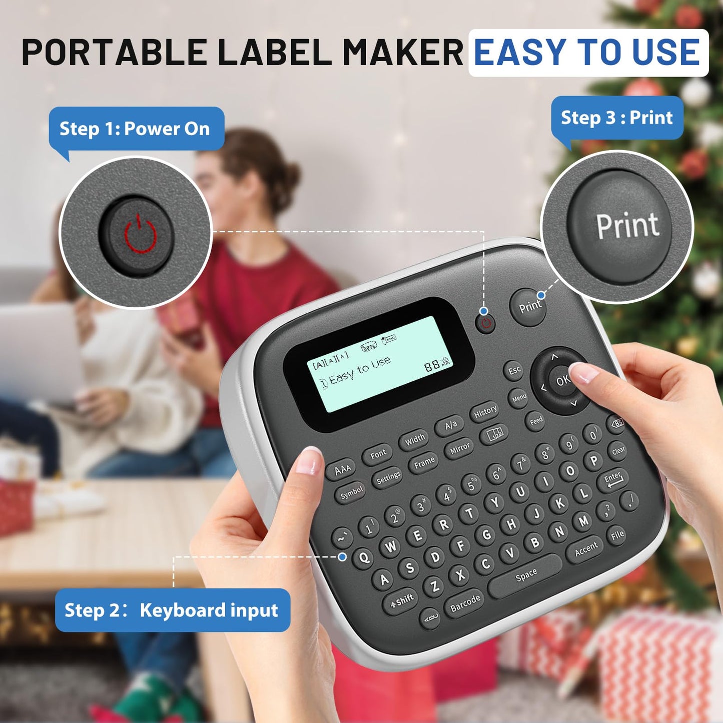 Label Maker Machine with Tape, Portable Label Maker with Keyboard, One-Touch Keys Labeler, Easy Label Maker Printer for Kitchen Office Kids School Stuff, EazeID D210S Gray
