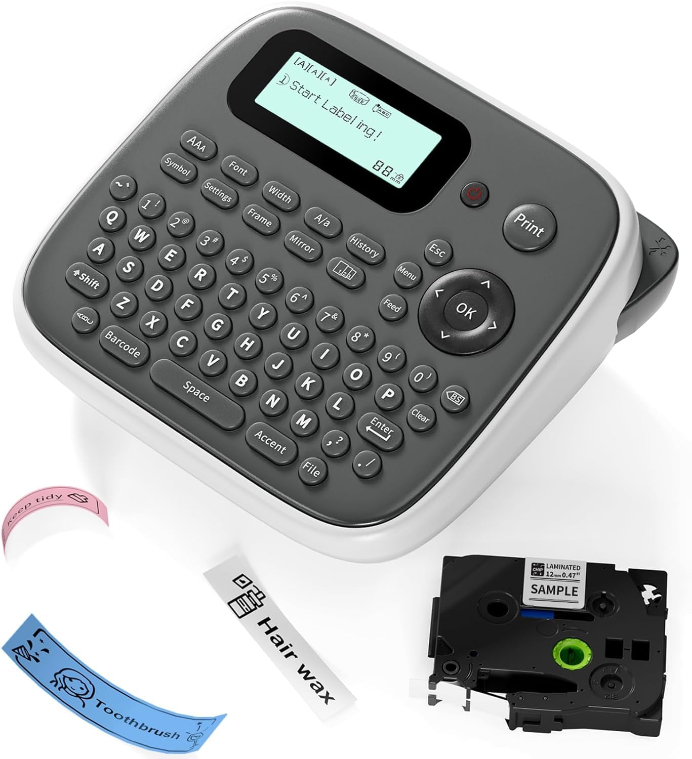 Label Maker Machine with Tape, Portable Label Maker with Keyboard, One-Touch Keys Labeler, Easy Label Maker Printer for Kitchen Office Kids School Stuff, EazeID D210S Gray