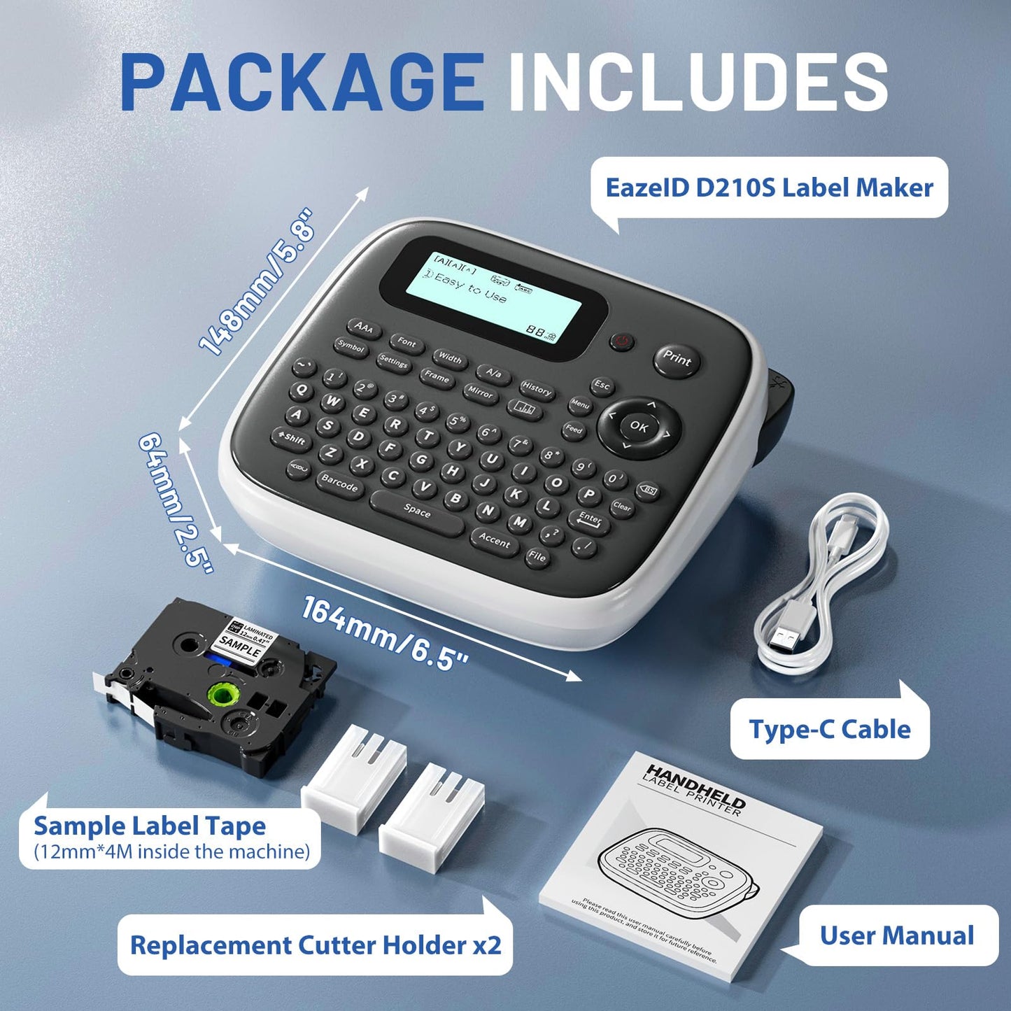 Label Maker Machine with Tape, Portable Label Maker with Keyboard, One-Touch Keys Labeler, Easy Label Maker Printer for Kitchen Office Kids School Stuff, EazeID D210S Gray