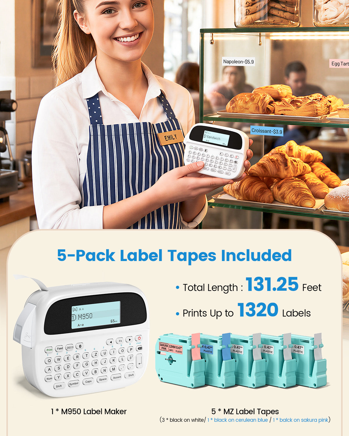 M950 Label Maker Machine with 5 Color Tapes, Rechargeable Backlit Label Maker Waterproof-Labels 12mm, Portable Labeler for Home Office School Kitchen, Kids Teachers Daily Organization