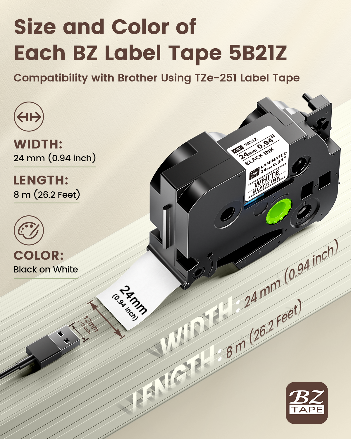 EazeID 24mm Label Tape Compatible with Brother P Touch Tze TZ Tape 24mm 0.94 Laminated White