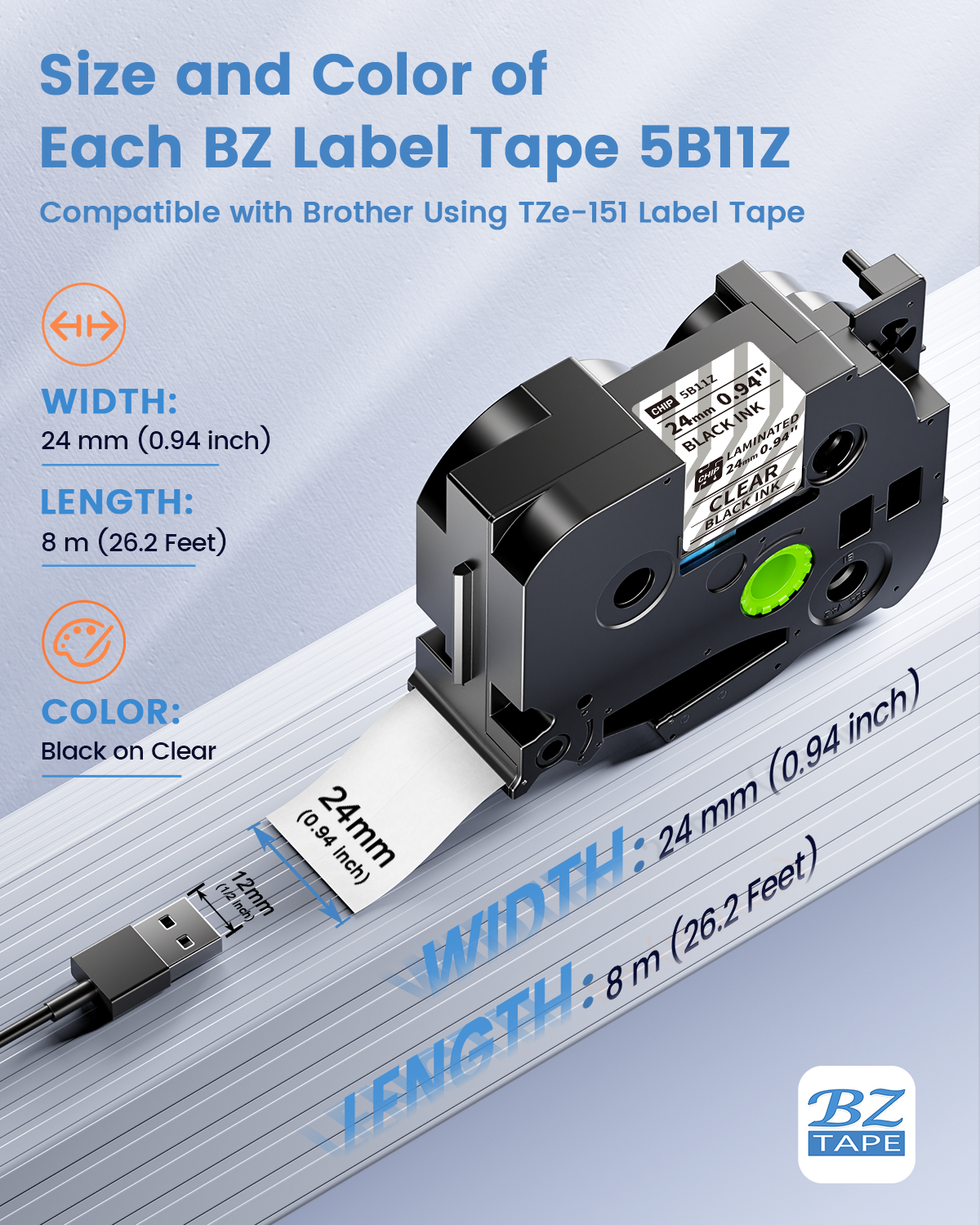 EazeID 24mm Label Tape Compatible with Brother P Touch Tze TZ Tape 24mm 0.94 Laminated Clear