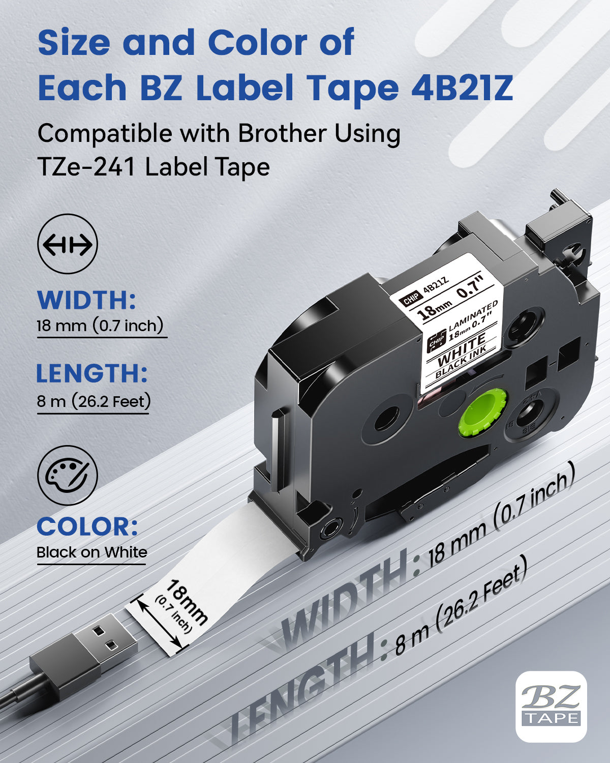 EazeID 18mm Label Tape Compatible with Brother P Touch Tze TZ Tape 18mm 0.7 Inch Laminated White