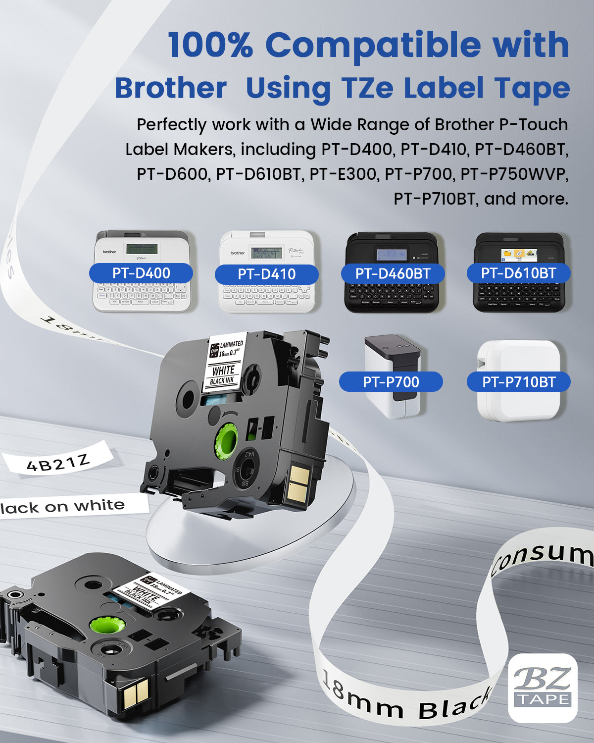 EazeID 18mm Label Tape Compatible with Brother P Touch Tze TZ Tape 18mm 0.7 Inch Laminated White