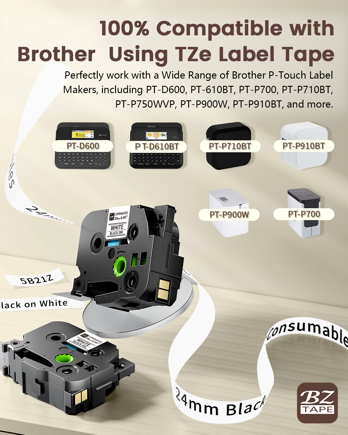 EazeID 24mm Label Tape Compatible with Brother P Touch Tze TZ Tape 24mm 0.94 Laminated White