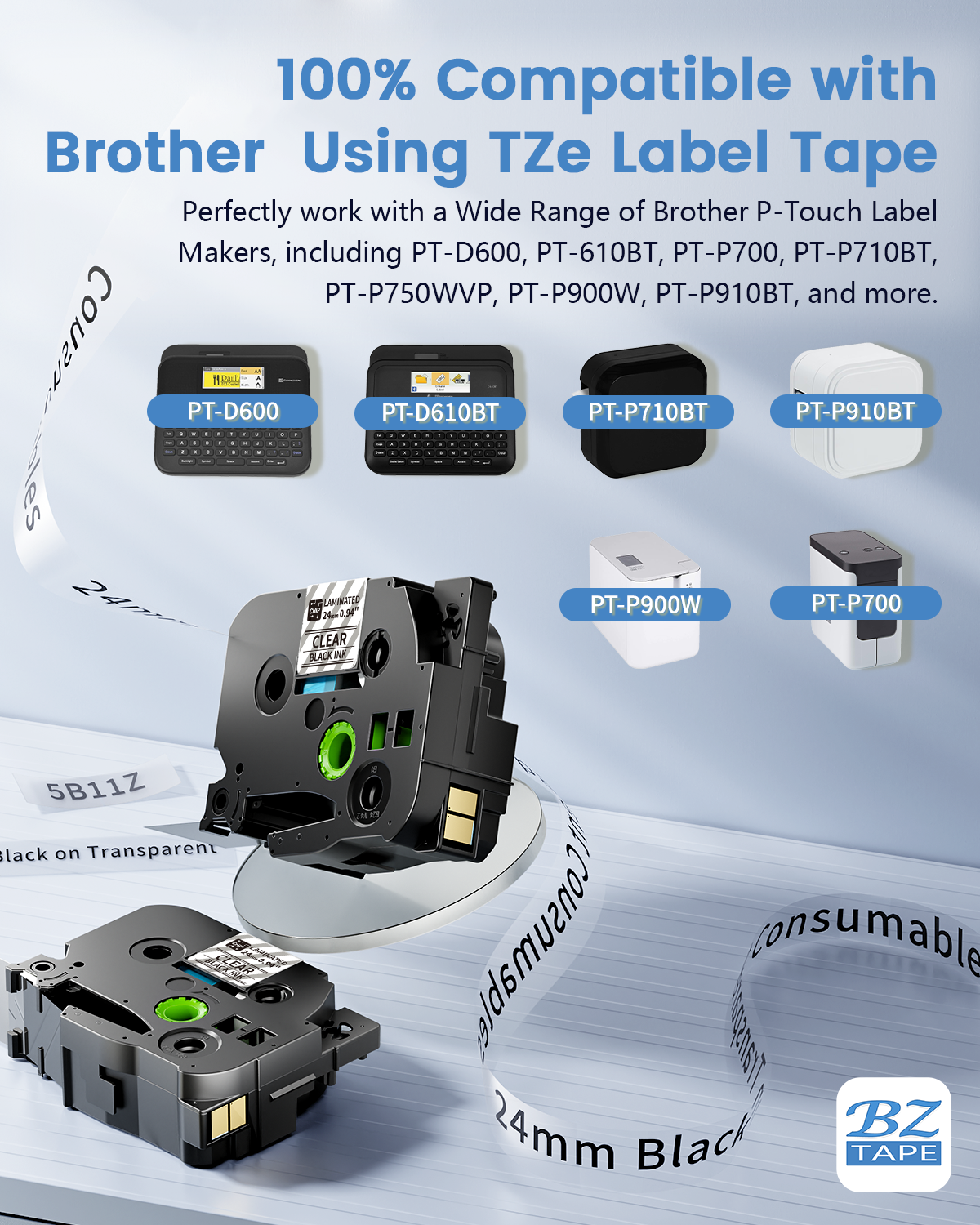 EazeID 24mm Label Tape Compatible with Brother P Touch Tze TZ Tape 24mm 0.94 Laminated Clear