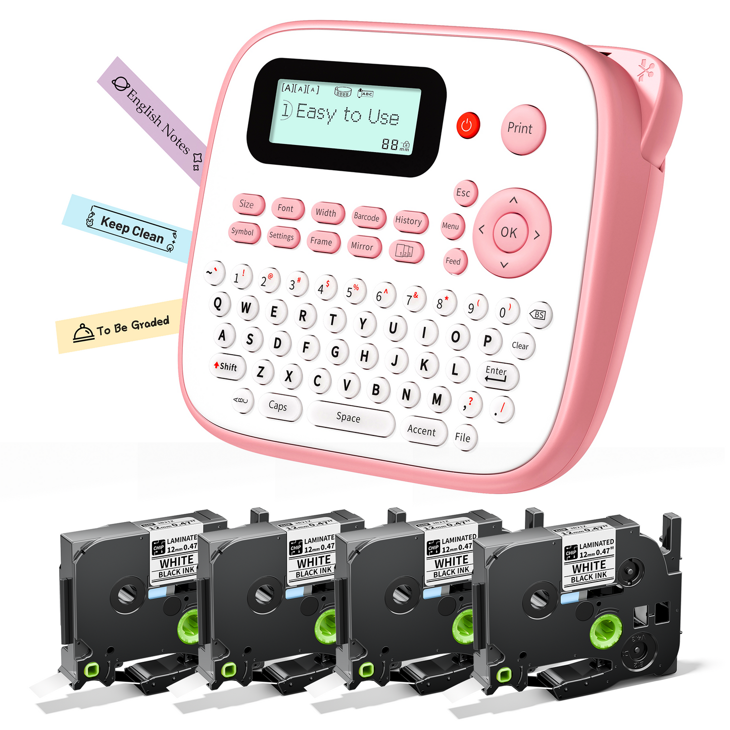 Label Maker Machine with Tapes Bundle, Pink Label Maker Waterproof-Labels, Desktop Labeler Machine with 4PK Tapes Laminated White for Home Kids School Items, Keyboard Labeler with 16 Fonts 800+ Icons