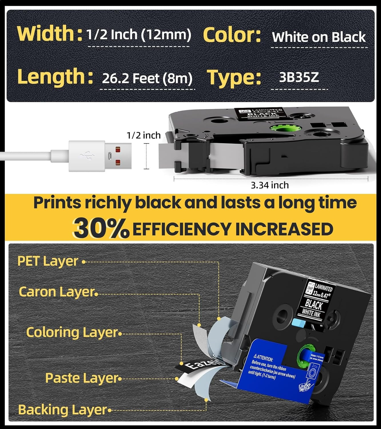 Label Maker Tape Black Replacement for Brother TZe335 TZe-335  P Touch Label Tape TZe TZ 12mm 0.47 Laminated for Brother PT-D210 PT-D220 PT-H110 PT-D400 PT-D600, White on Black 5-Pack
