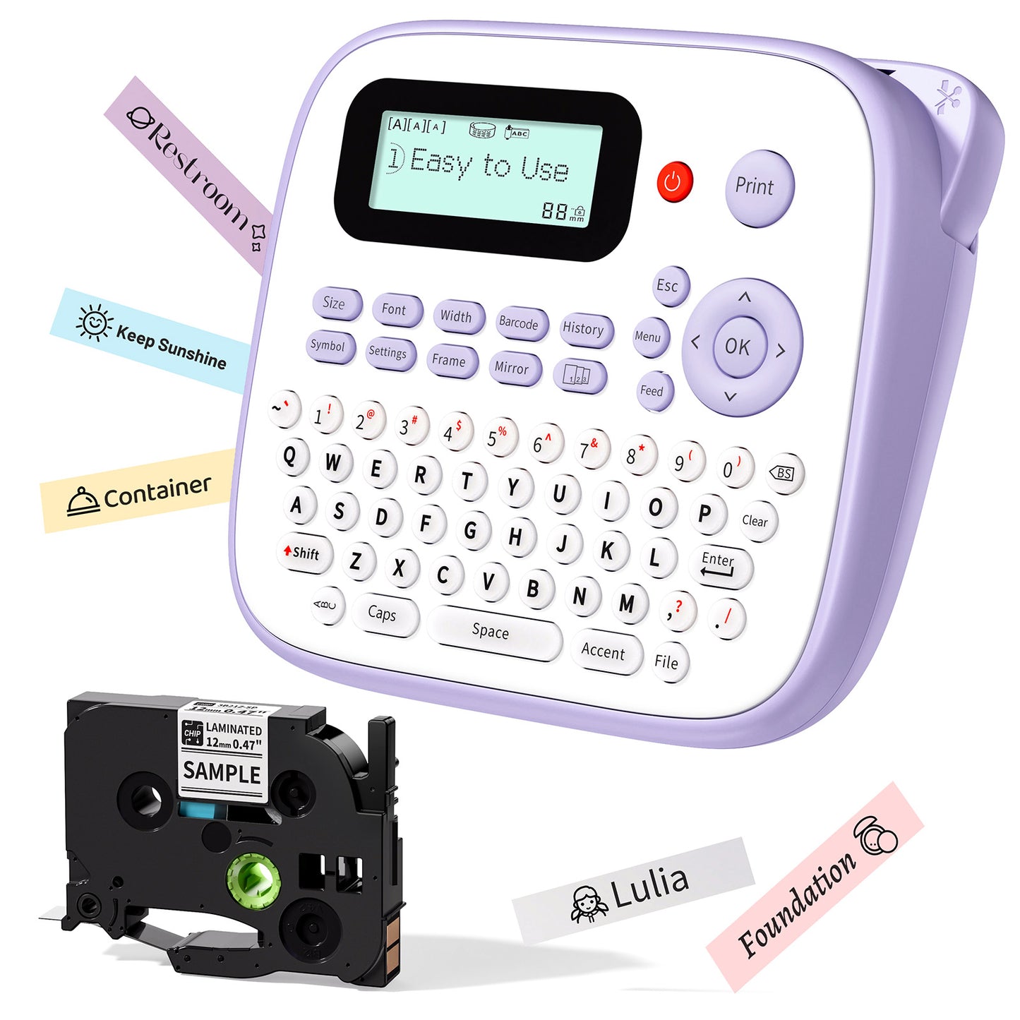 EazeID Label Maker Machine with-Tape, Label Maker Waterproof-Labels 12mm, Portable Labeler Purple for Teachers Kids, Desktop Labeler with Multiple Symbols &Fonts for Home Office School Use, D210S