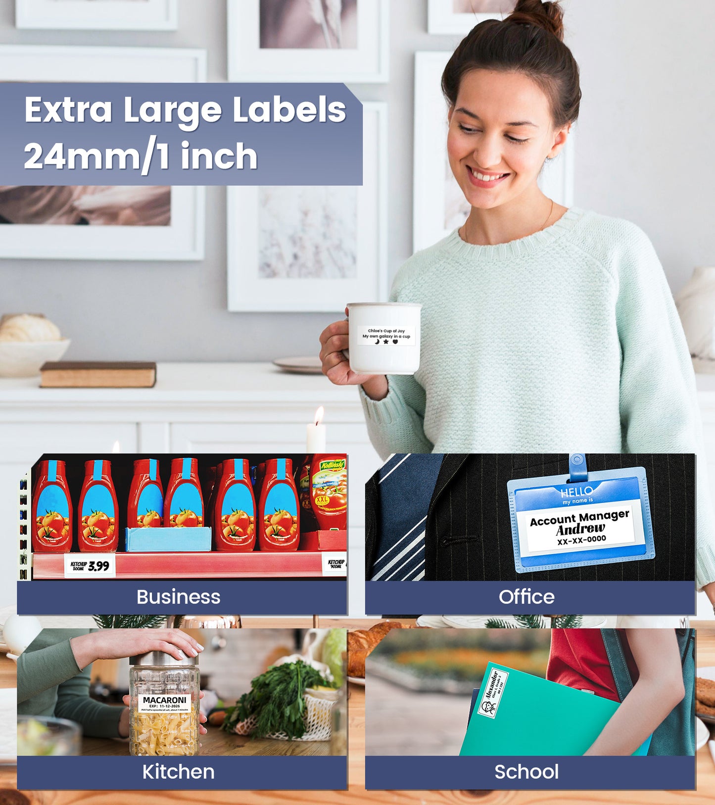 EazeID P780BT 1 Inch Label Maker Machine with Tape-24mm, Rechargeable Label Maker Bluetooth, 12mm 18mm 24mm Wide Labels-Waterproof, Auto Cut, Connect Phone & PC, Type-C Charging for Home Office Use