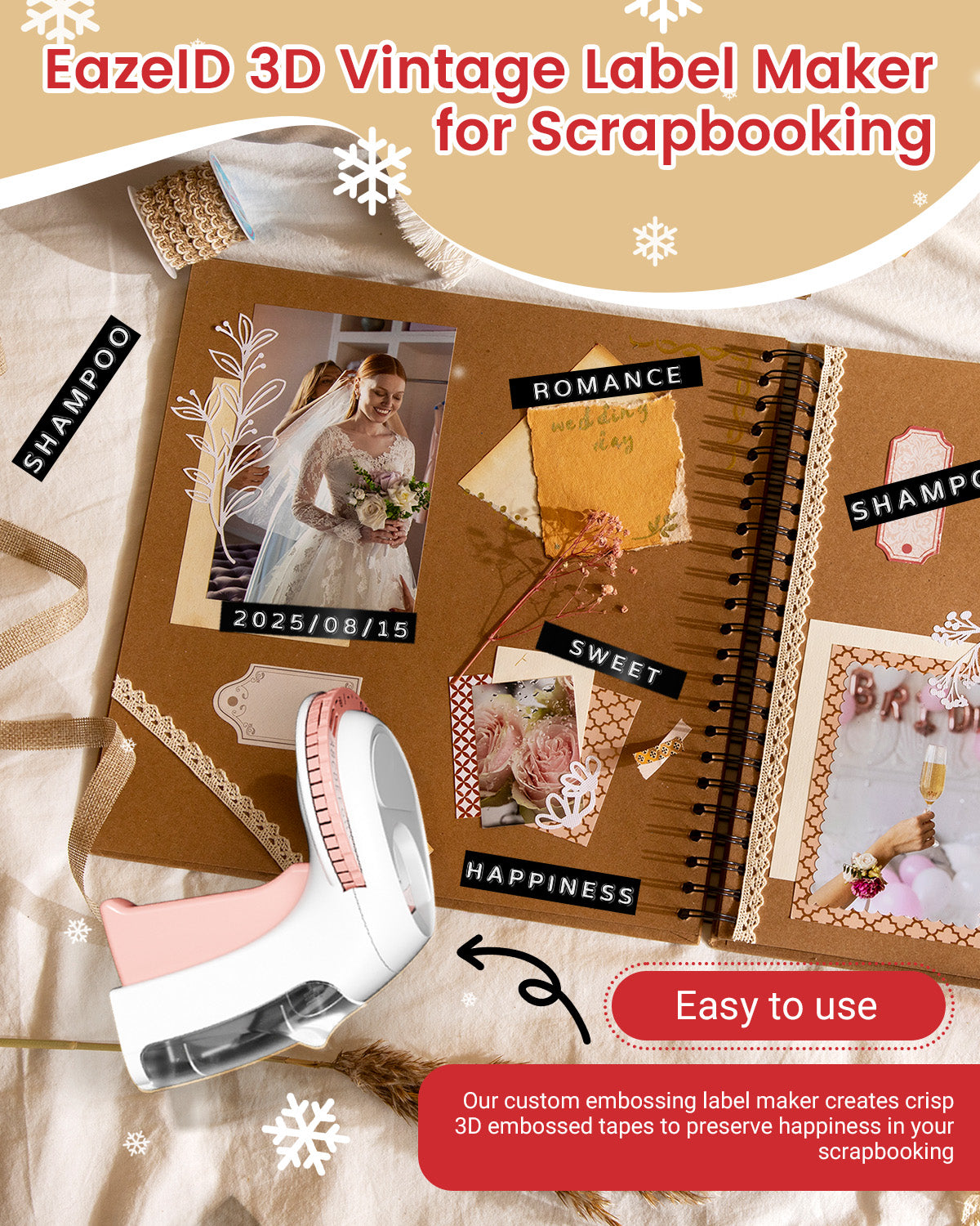 Embossing Label Maker Manual, Vintage Embossed Label Maker Pink, Retro Embosser Handheld Labeler with 3 Black Tapes 3/8Inch for DIY Scrapbooking, Kids Teachers Practical Gift, Home & Office Use