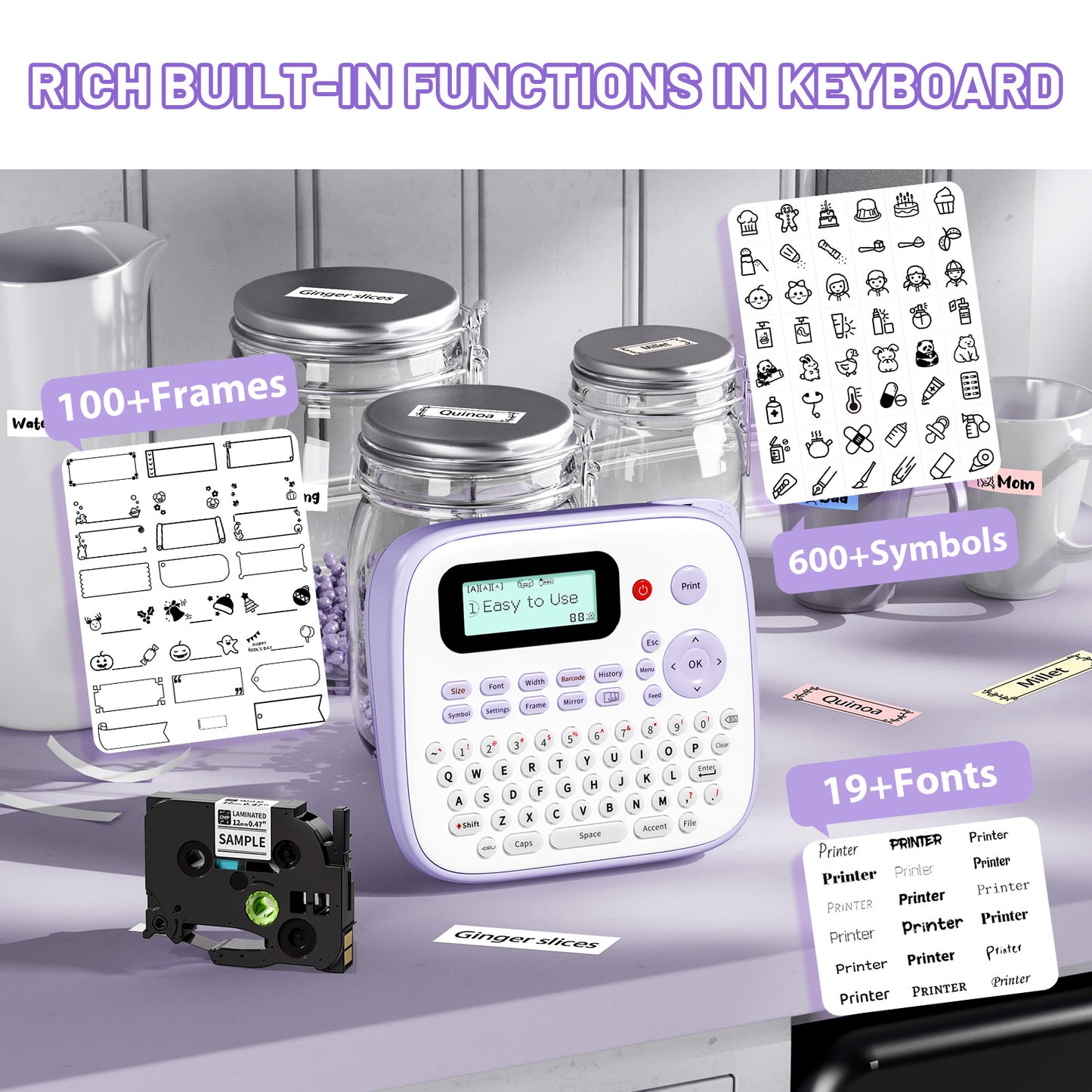 EazeID Label Maker Machine with-Tape, Label Maker Waterproof-Labels 12mm, Portable Labeler Purple for Teachers Kids, Desktop Labeler with Multiple Symbols &Fonts for Home Office School Use, D210S