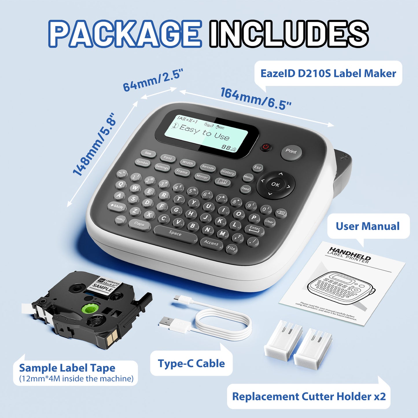 EazeID Label Maker Machine with-Tape, Label Maker Waterproof-Labels, Keyboard Labeler Machine Portable, D210S Desktop Labelmaker Multiple Symbols for Home Small Business Kids Teachers School Supplies