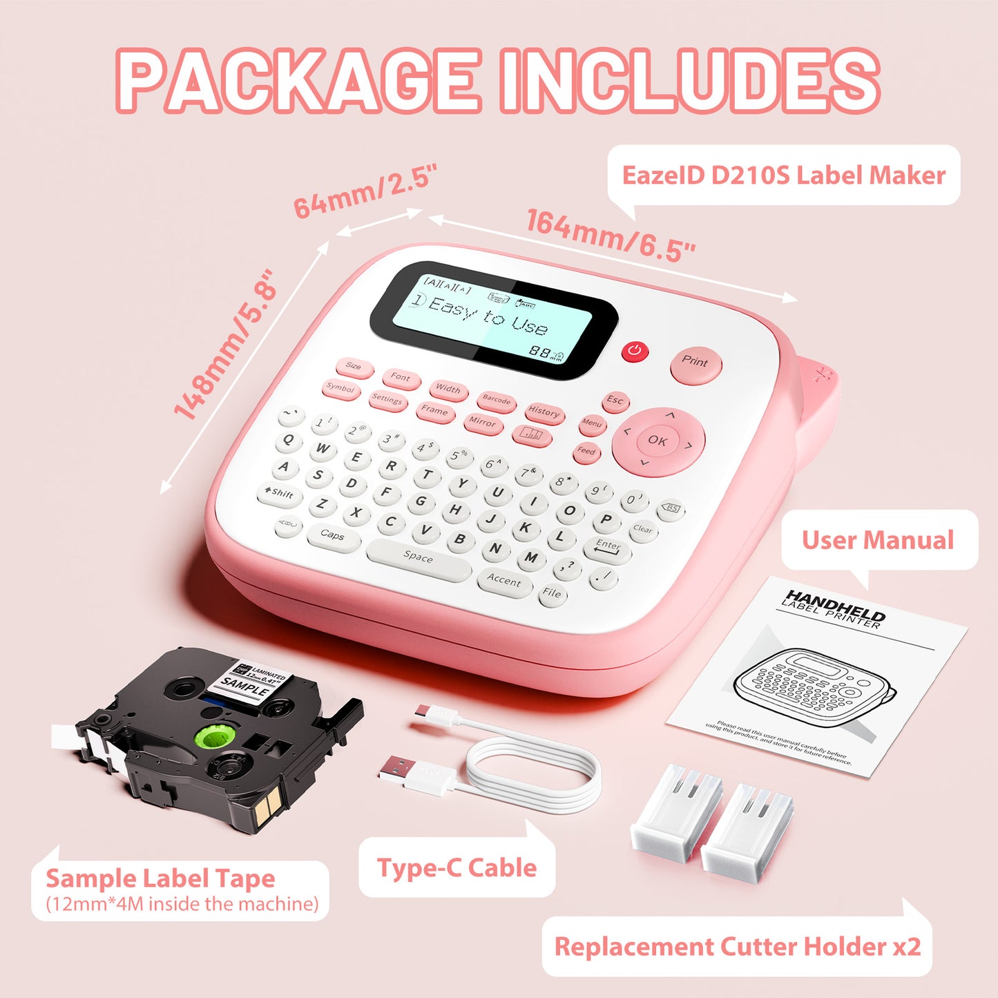 EazeID Pink Label Maker Machine with-Tape, Portable Kids Label Maker, Handheld Electric Label Maker with keyboard, D210S Easy Labeler with Multiple Fonts Frame Barcode for Home Office School Supplies