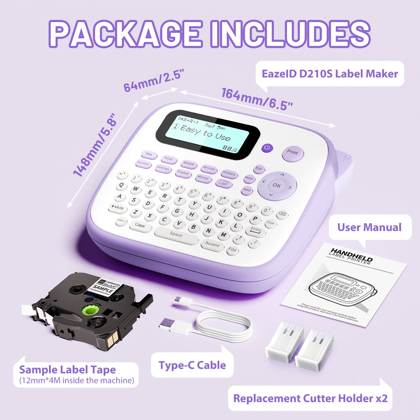 EazeID Label Maker Machine with-Tape, Label Maker Waterproof-Labels 12mm, Portable Labeler Purple for Teachers Kids, Desktop Labeler with Multiple Symbols &Fonts for Home Office School Use, D210S
