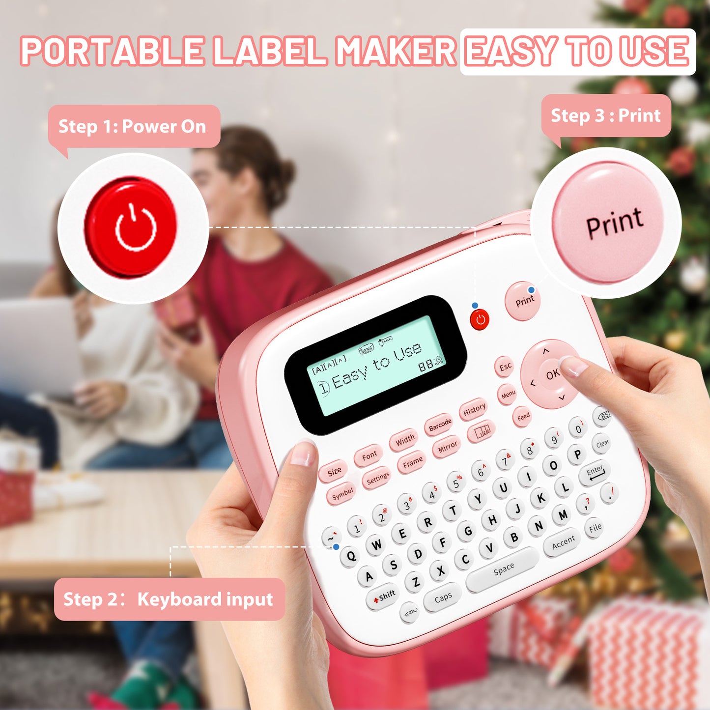 EazeID Pink Label Maker Machine with-Tape, Portable Kids Label Maker, Handheld Electric Label Maker with keyboard, D210S Easy Labeler with Multiple Fonts Frame Barcode for Home Office School Supplies