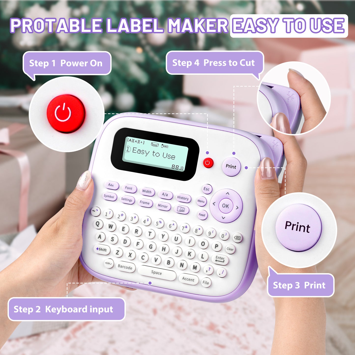 EazeID Label Maker Machine with-Tape, Label Maker Waterproof-Labels 12mm, Portable Labeler Purple for Teachers Kids, Desktop Labeler with Multiple Symbols &Fonts for Home Office School Use, D210S
