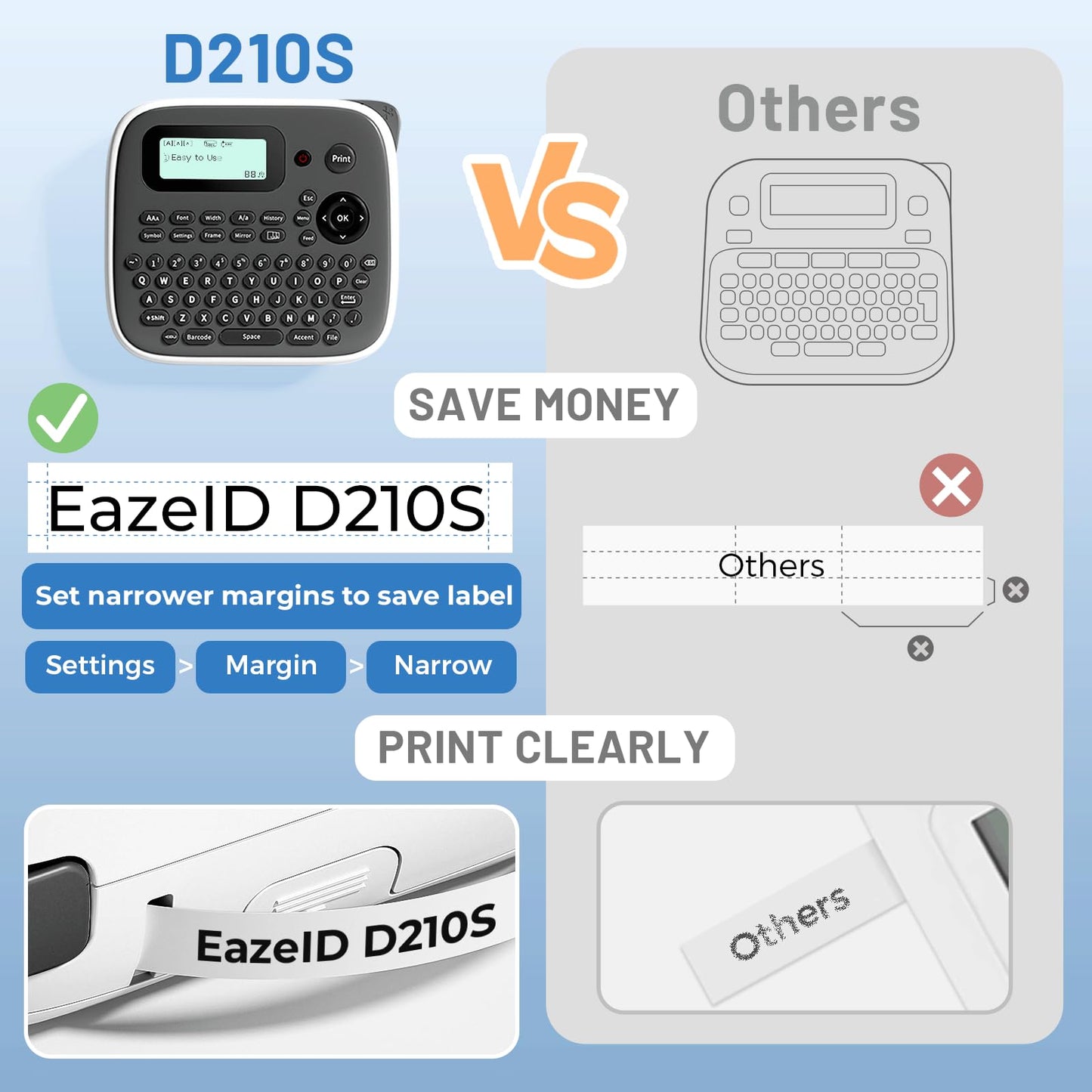 Label Maker Machine with Tape, Portable Label Maker with Keyboard, One-Touch Keys Labeler, Easy Label Maker Printer for Kitchen Office Kids School Stuff, EazeID D210S Gray