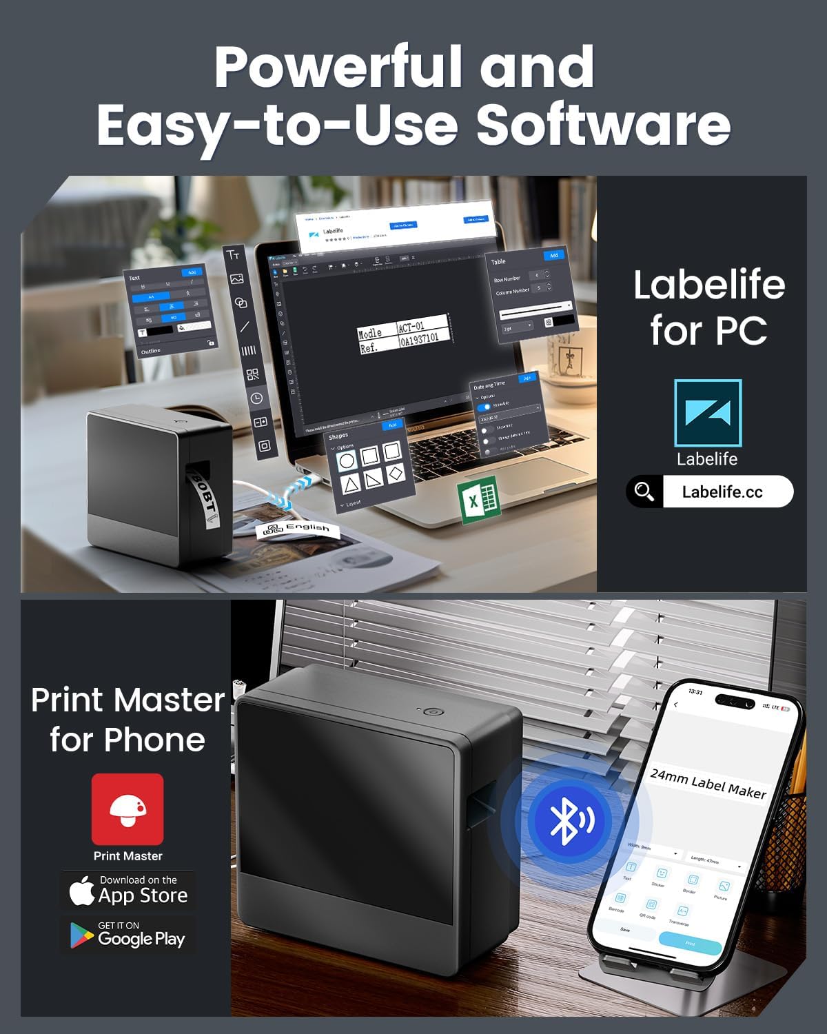 EazeID P780BT 1 Inch Label Maker Machine with Tape-24mm, Rechargeable Label Maker Bluetooth, 12mm 18mm 24mm Wide Labels-Waterproof, Auto Cut, Connect Phone & PC, Type-C Charging for Home Office Use