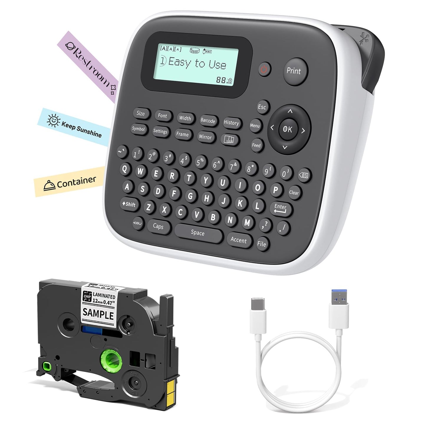 EazeID Label Maker Machine with-Tape, Label Maker Waterproof-Labels, Keyboard Labeler Machine Portable, D210S Desktop Labelmaker Multiple Symbols for Home Small Business Kids Teachers School Supplies