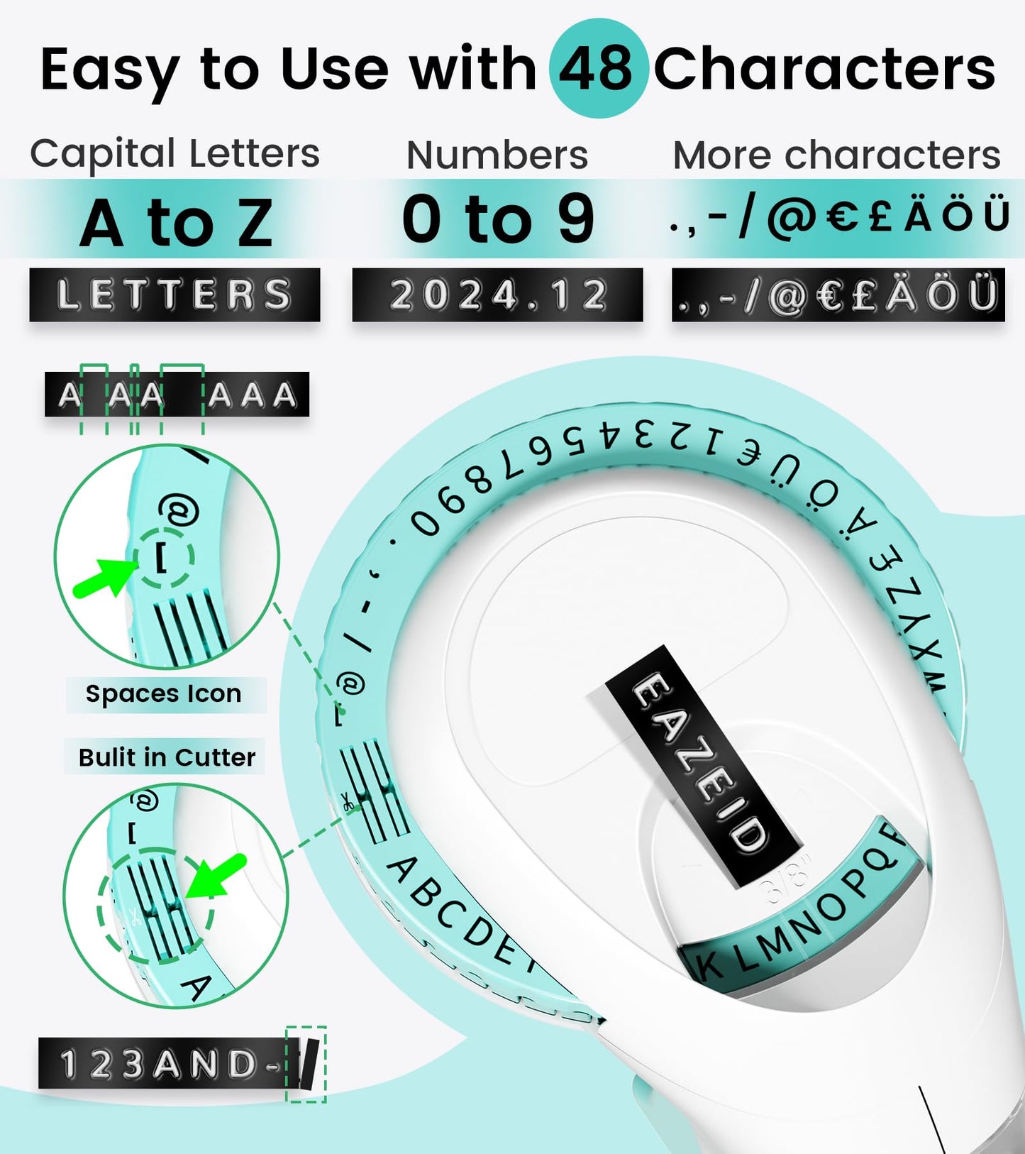 EazeID Embossing Label Maker Machine, Embossed Label Maker Handheld, Retro Label Maker Omega S Labelling Machine with 3 Embossing Label Tape 3/8''(9mm) for Home Office and DIY, Green