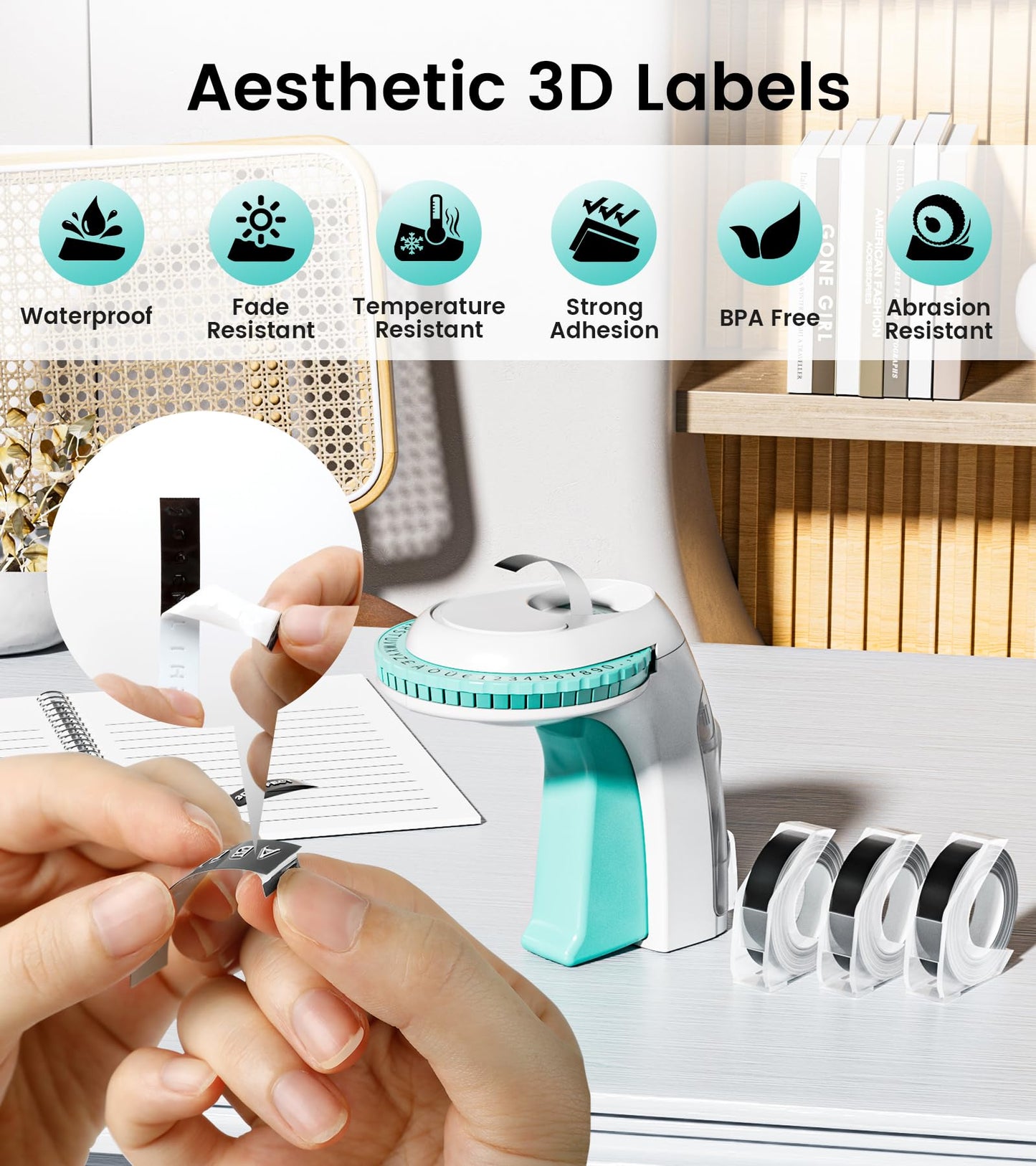 EazeID Embossing Label Maker Machine, Embossed Label Maker Handheld, Retro Label Maker Omega S Labelling Machine with 3 Embossing Label Tape 3/8''(9mm) for Home Office and DIY, Green
