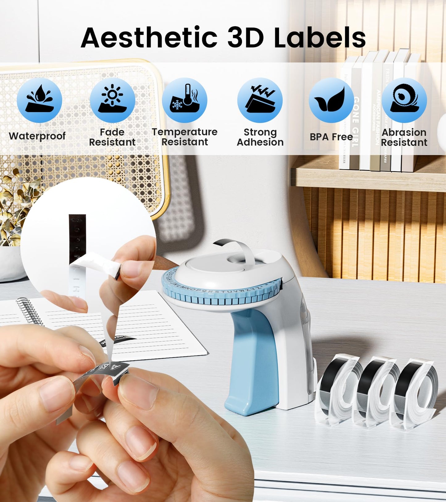 Embossing Label Maker Machine with Tapes, Omega S Vintage 3D Embosser, Old School Handheld Label Printer, Portable Retro Manual Embossed Labeler for Home Office School DIY, Blue