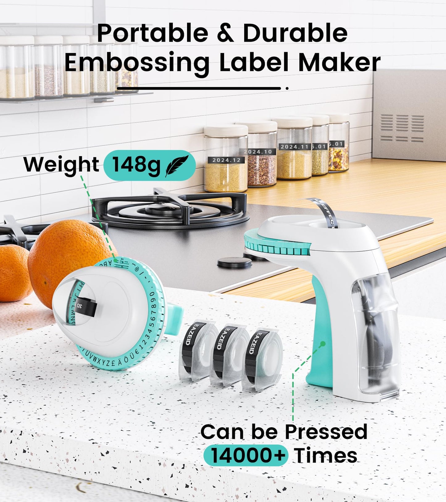 EazeID Embossing Label Maker Machine, Embossed Label Maker Handheld, Retro Label Maker Omega S Labelling Machine with 3 Embossing Label Tape 3/8''(9mm) for Home Office and DIY, Green