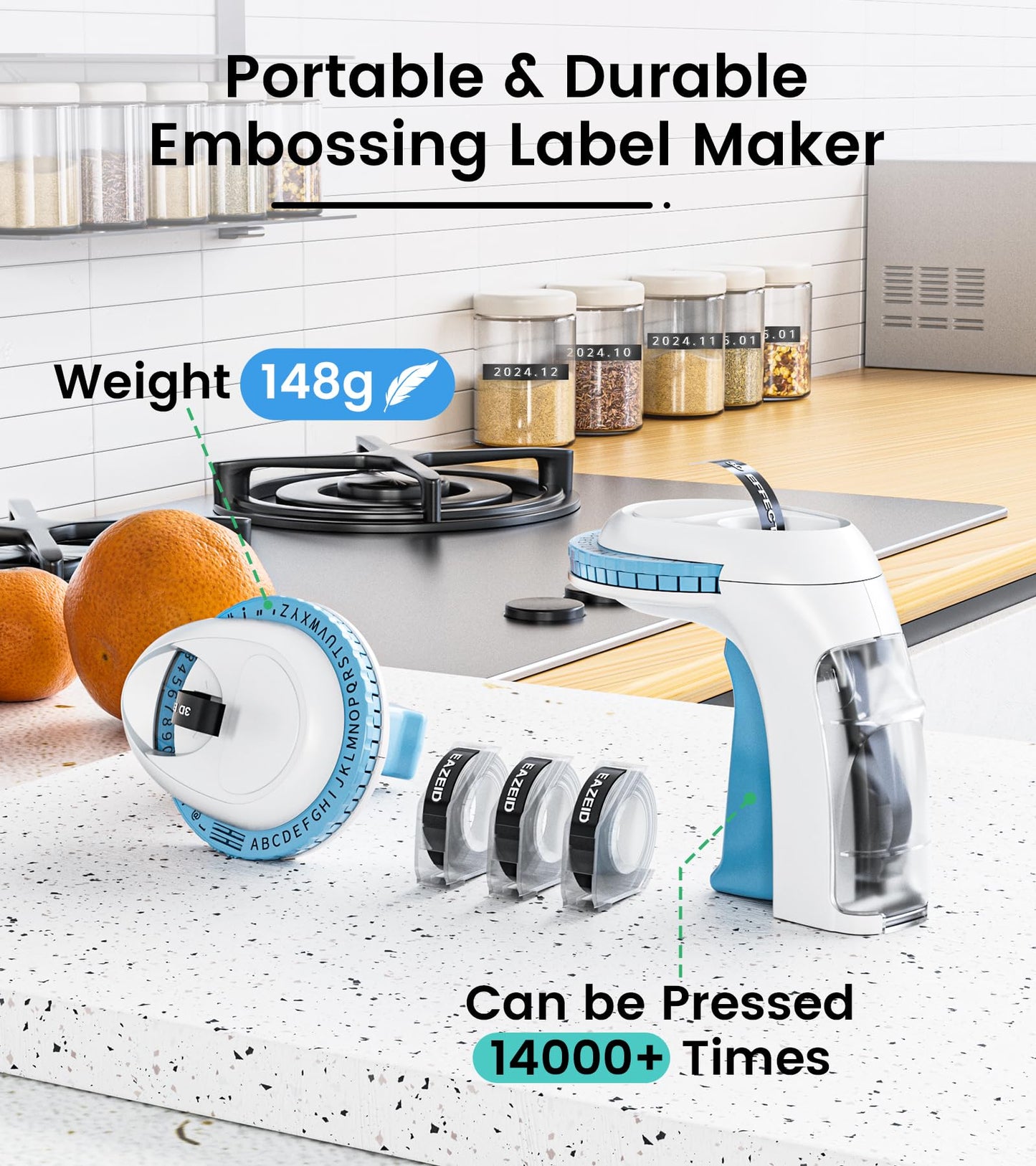 Embossing Label Maker Machine with Tapes, Omega S Vintage 3D Embosser, Old School Handheld Label Printer, Portable Retro Manual Embossed Labeler for Home Office School DIY, Blue