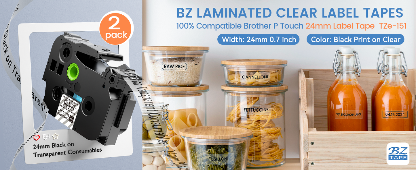 EazeID 24mm Label Tape Compatible with Brother P Touch Tze TZ Tape 24mm 0.94 Laminated Clear