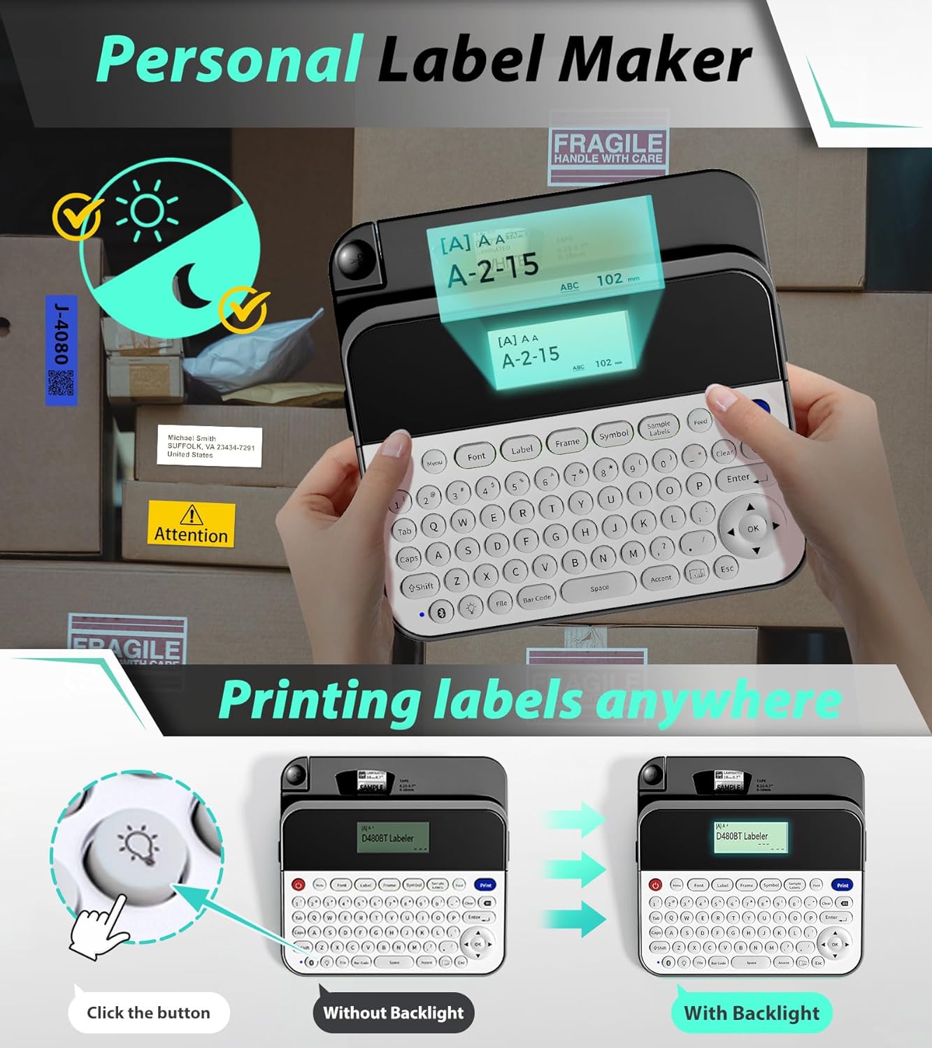 Label Maker Machine with Tape, D480BT Business Label Printer, QWERTY Keyboard Labeler with Backlighting LCD Screen, Up to ~3/4 inch, Bluetooth Connect PC&Smartphone Rechargeable, Green