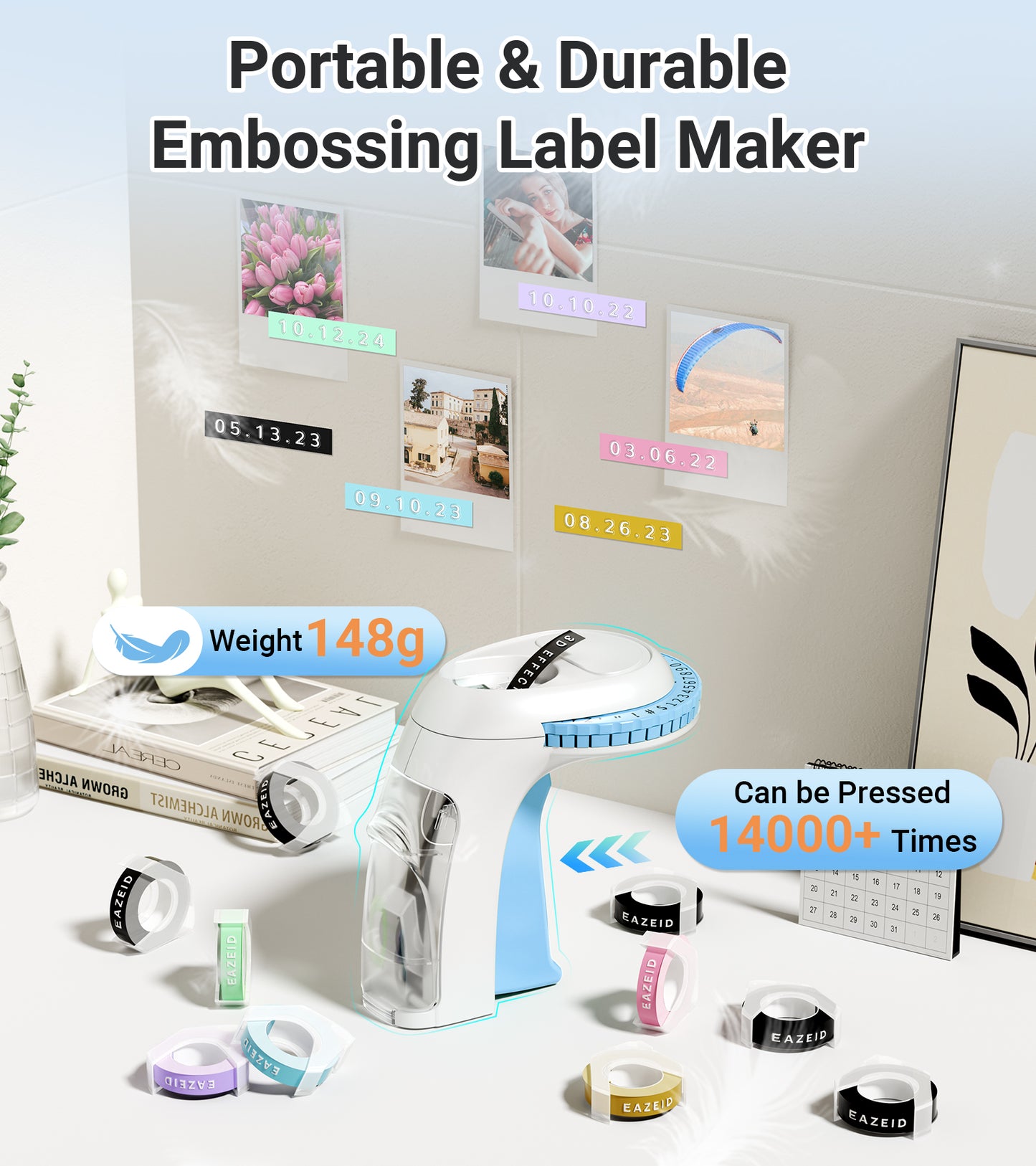 EazeID Embossing Label Maker Manual, Vintage Embossed Label Maker Machine with Tapes, Embosser Labeler with 10 Rolls Embossing 9mm Labels-Waterproof for Home Office School, DIY Crafting Scrapbooking
