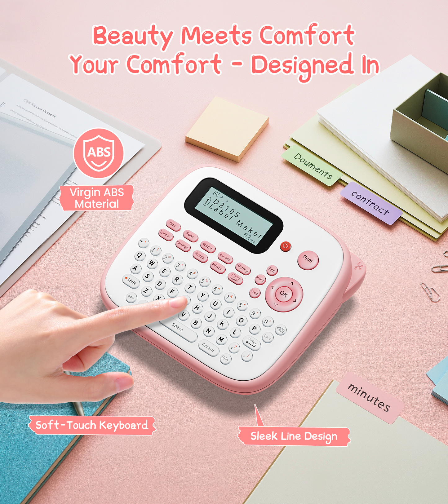 Label Maker Machine with Tapes Bundle, Pink Label Maker Waterproof-Labels, Desktop Labeler Machine with 4PK Tapes Laminated White for Home Kids School Items, Keyboard Labeler with 16 Fonts 800+ Icons