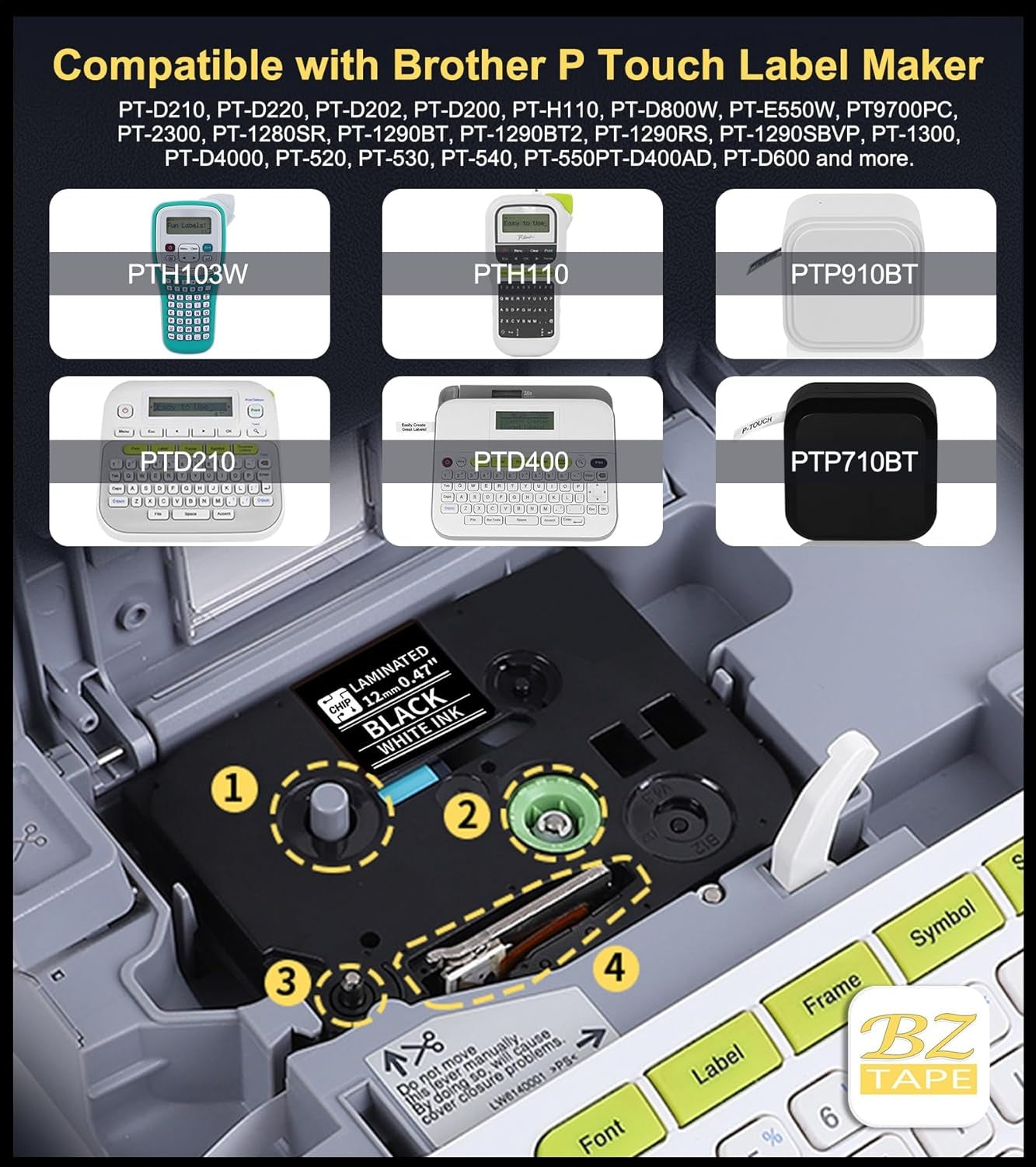 Label Maker Tape Black Replacement for Brother TZe335 TZe-335  P Touch Label Tape TZe TZ 12mm 0.47 Laminated for Brother PT-D210 PT-D220 PT-H110 PT-D400 PT-D600, White on Black 5-Pack