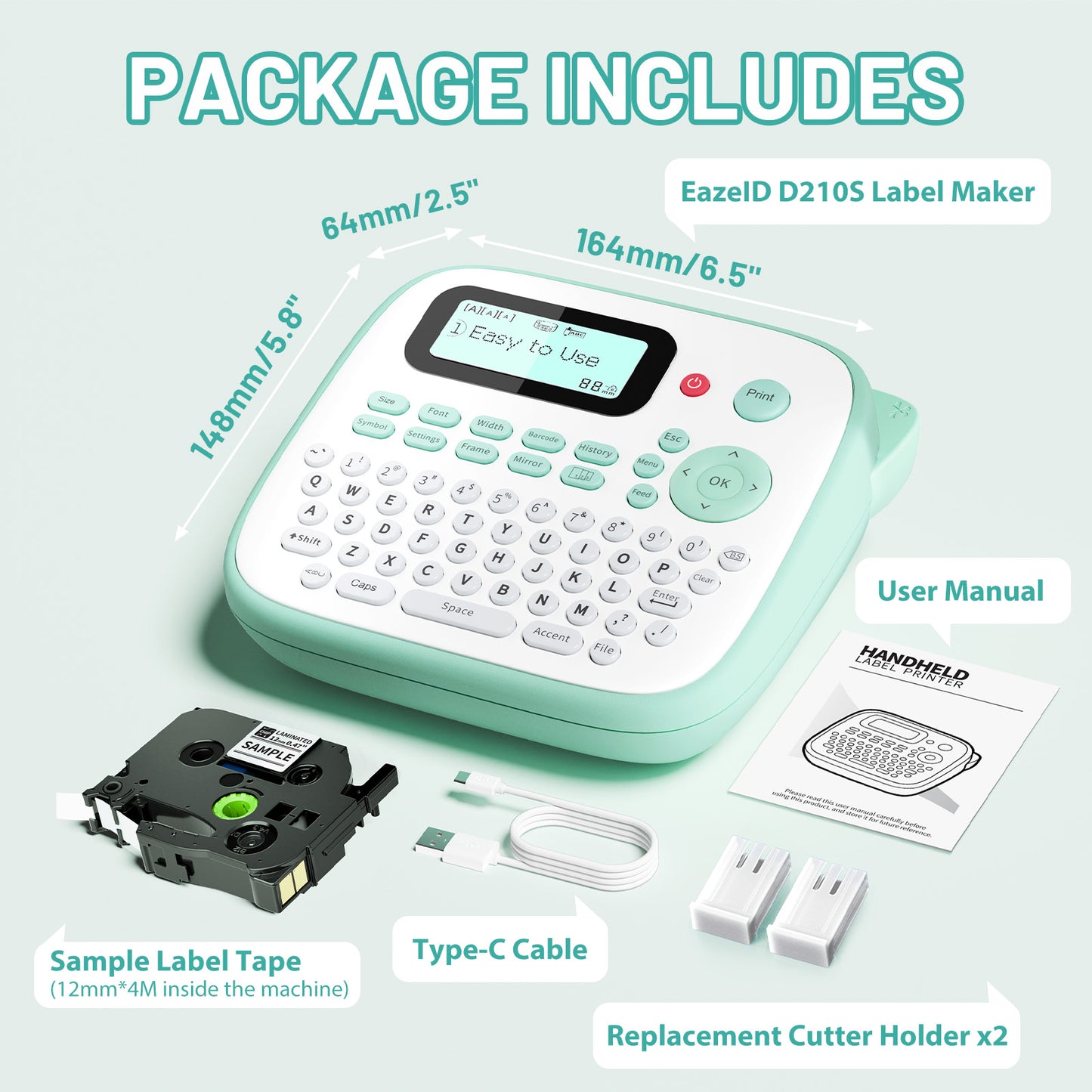 EazeID Label Maker Waterproof-Labels, Desktop Label Maker for Kids, D210S Handheld Labeler Machine with Tape-12mm 0.47 Laminated White, Multiple Symbols for Home Office School Kids Teachers Gifts