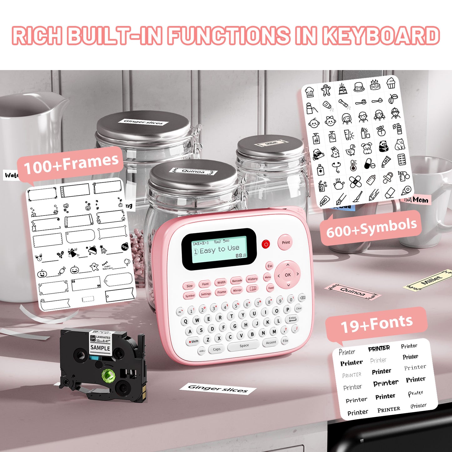 EazeID Pink Label Maker Machine with-Tape, Portable Kids Label Maker, Handheld Electric Label Maker with keyboard, D210S Easy Labeler with Multiple Fonts Frame Barcode for Home Office School Supplies