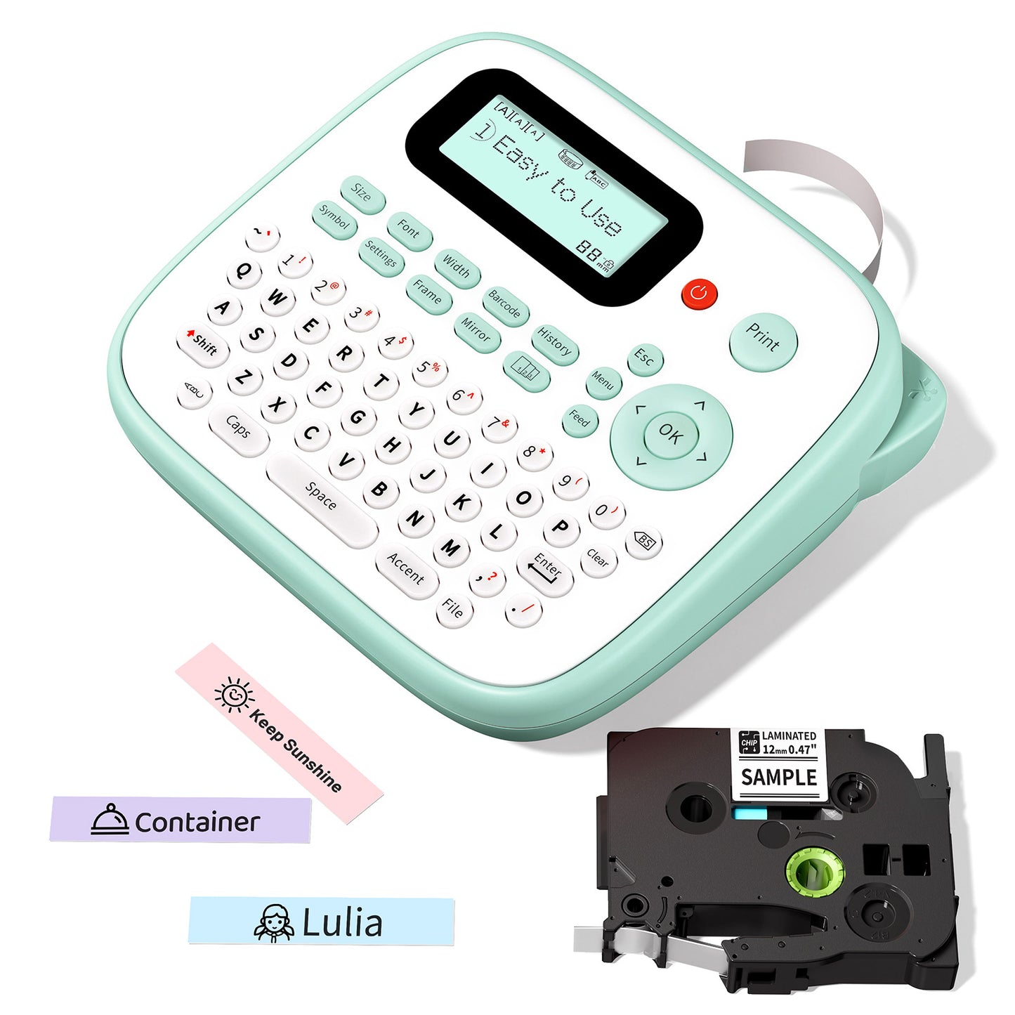 EazeID Label Maker Waterproof-Labels, Desktop Label Maker for Kids, D210S Handheld Labeler Machine with Tape-12mm 0.47 Laminated White, Multiple Symbols for Home Office School Kids Teachers Gifts