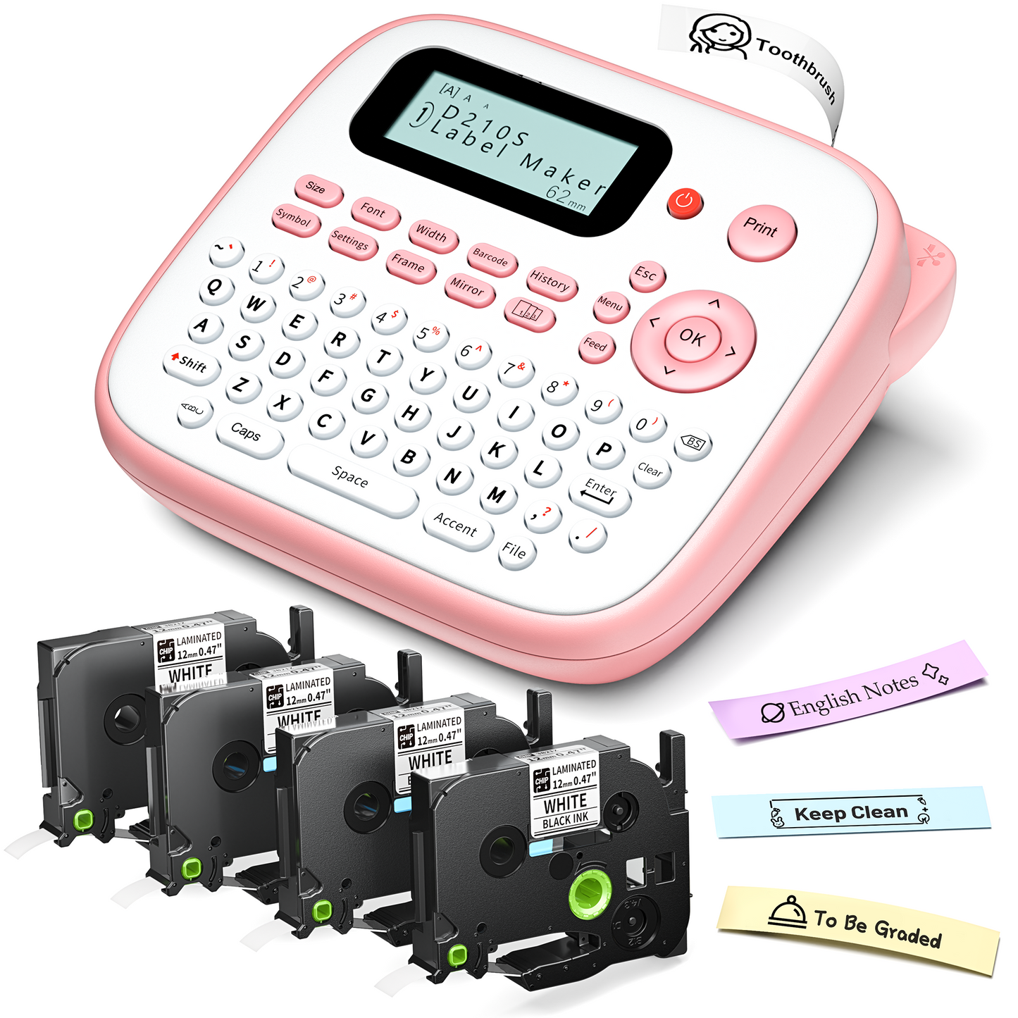 Label Maker Machine with Tapes Bundle, Pink Label Maker Waterproof-Labels, Desktop Labeler Machine with 4PK Tapes Laminated White for Home Kids School Items, Keyboard Labeler with 16 Fonts 800+ Icons
