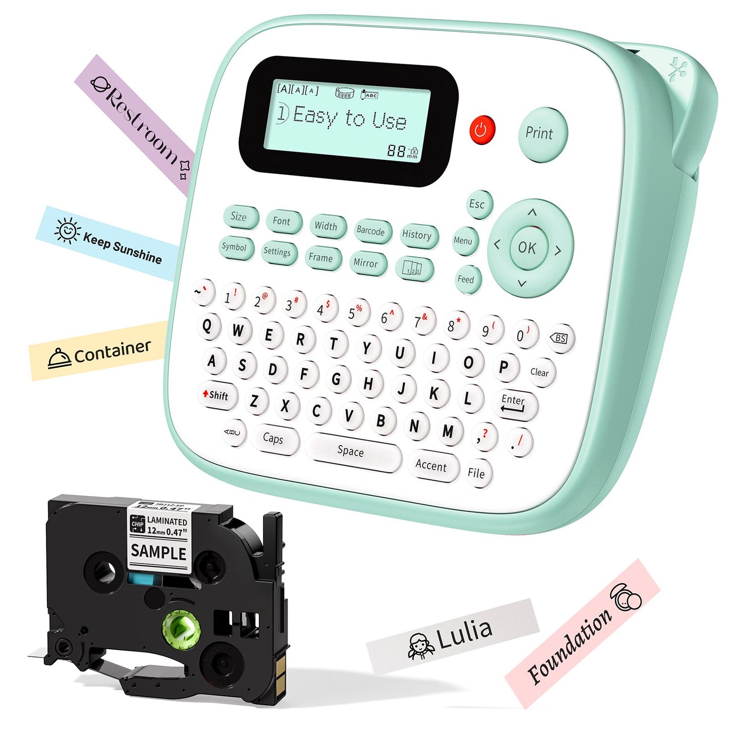 EazeID Label Maker Waterproof-Labels, Desktop Label Maker for Kids, D210S Handheld Labeler Machine with Tape-12mm 0.47 Laminated White, Multiple Symbols for Home Office School Kids Teachers Gifts