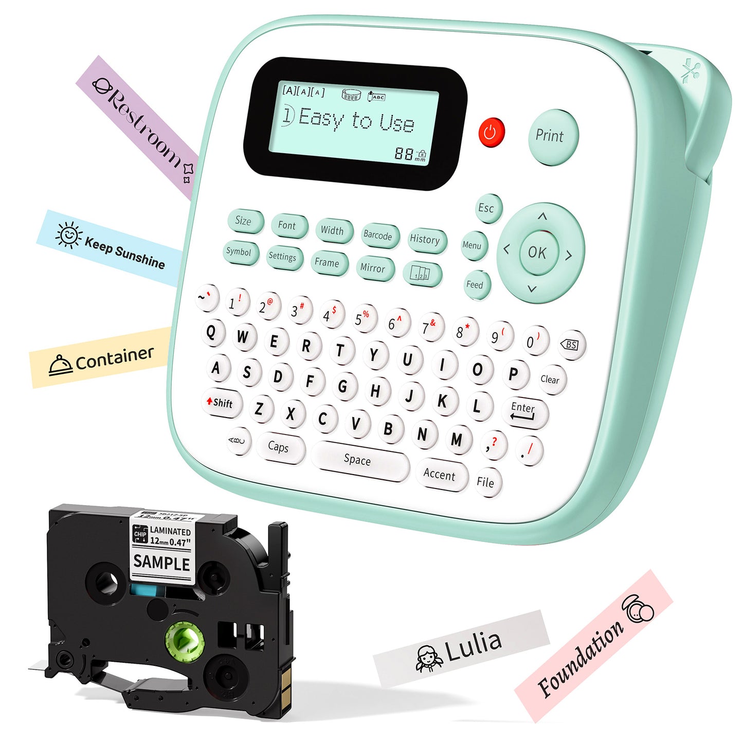 EazeID Label Maker Waterproof-Labels, Desktop Label Maker for Kids, D210S Handheld Labeler Machine with Tape-12mm 0.47 Laminated White, Multiple Symbols for Home Office School Kids Teachers Gifts