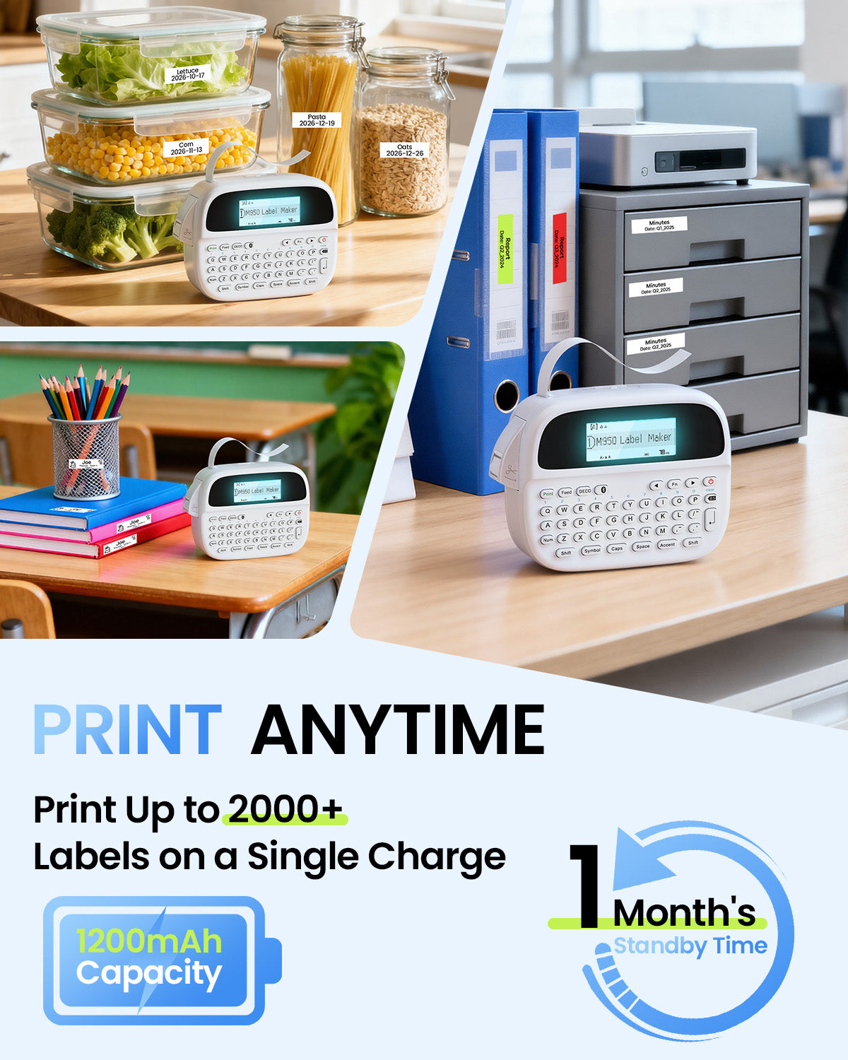 Label Maker Machine with-Tape, Rechargeable Label Maker Waterproof-Labels, Handheld Electric Label Maker with Keyboard, Backlit & Bluetooth Labeler, M950 for Home Kitchen Office School Kids Teachers