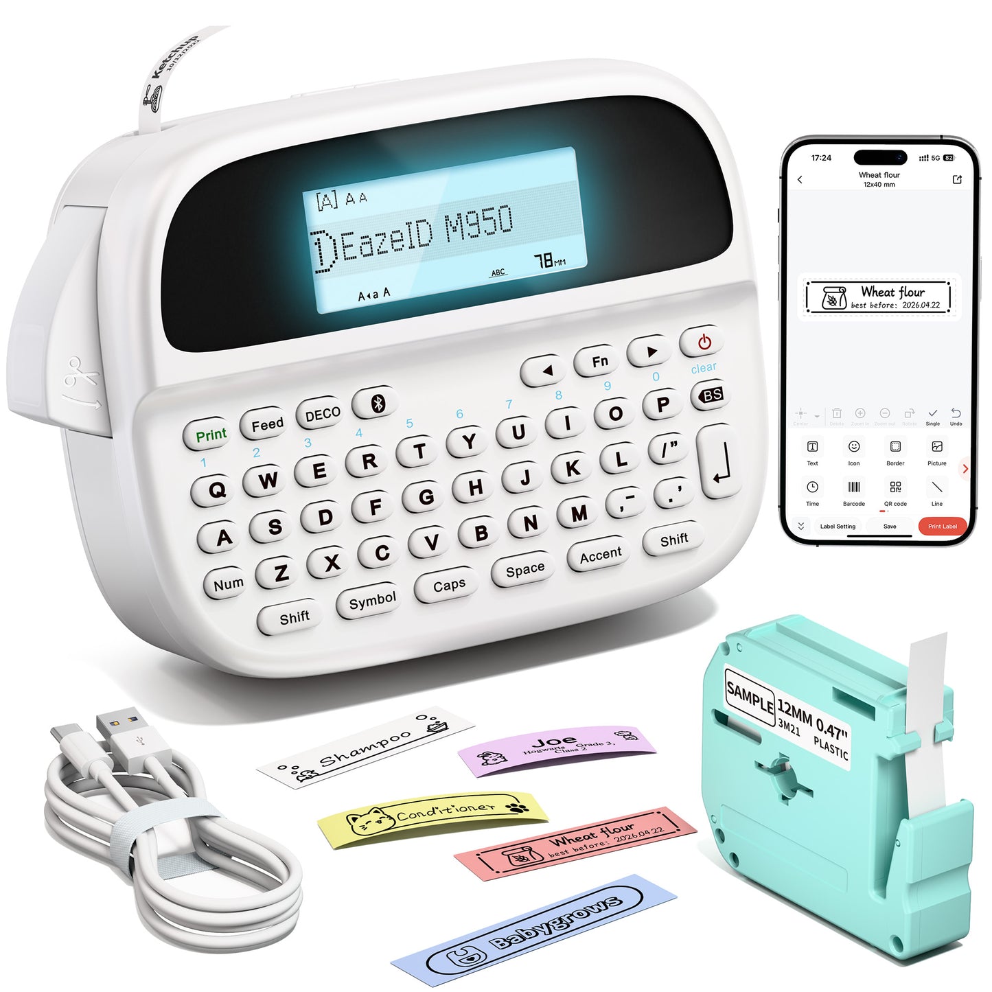 Label Maker Machine with-Tape, Rechargeable Label Maker Waterproof-Labels, Handheld Electric Label Maker with Keyboard, Backlit & Bluetooth Labeler, M950 for Home Kitchen Office School Kids Teachers