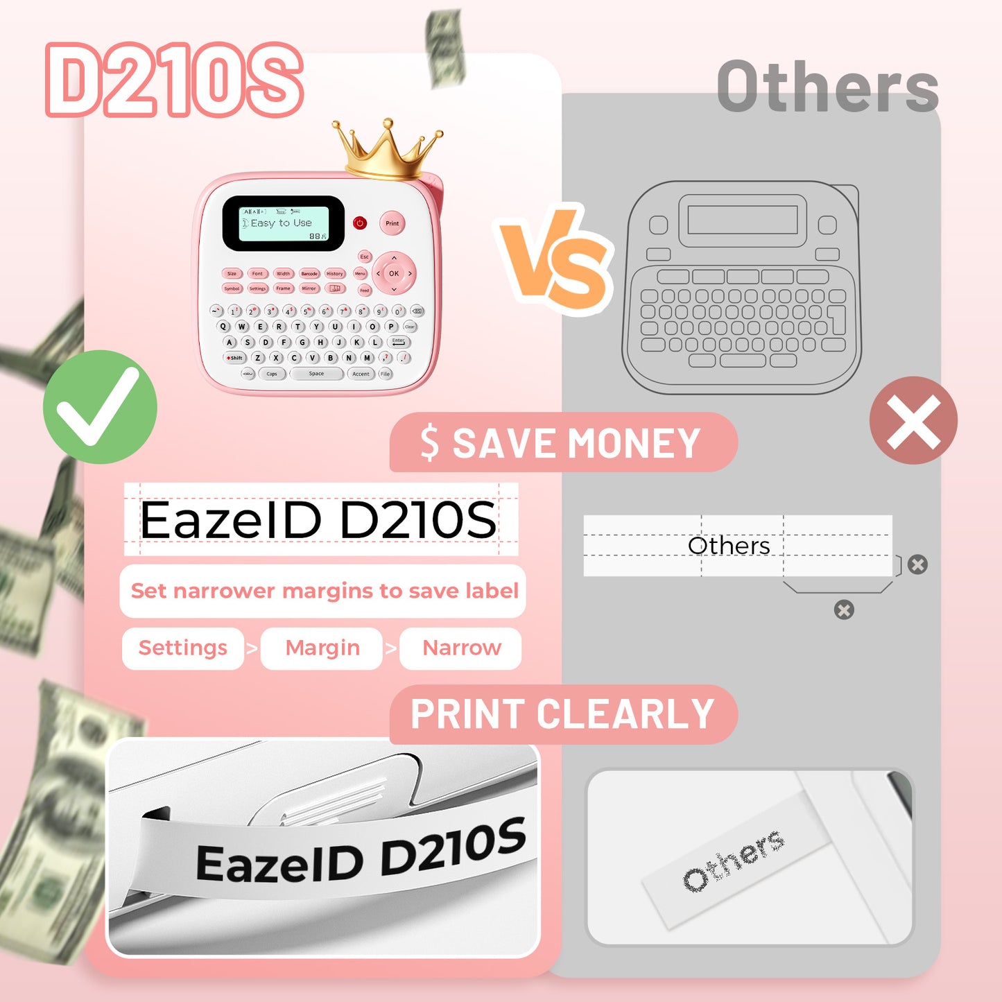 EazeID Pink Label Maker Machine with-Tape, Portable Kids Label Maker, Handheld Electric Label Maker with keyboard, D210S Easy Labeler with Multiple Fonts Frame Barcode for Home Office School Supplies