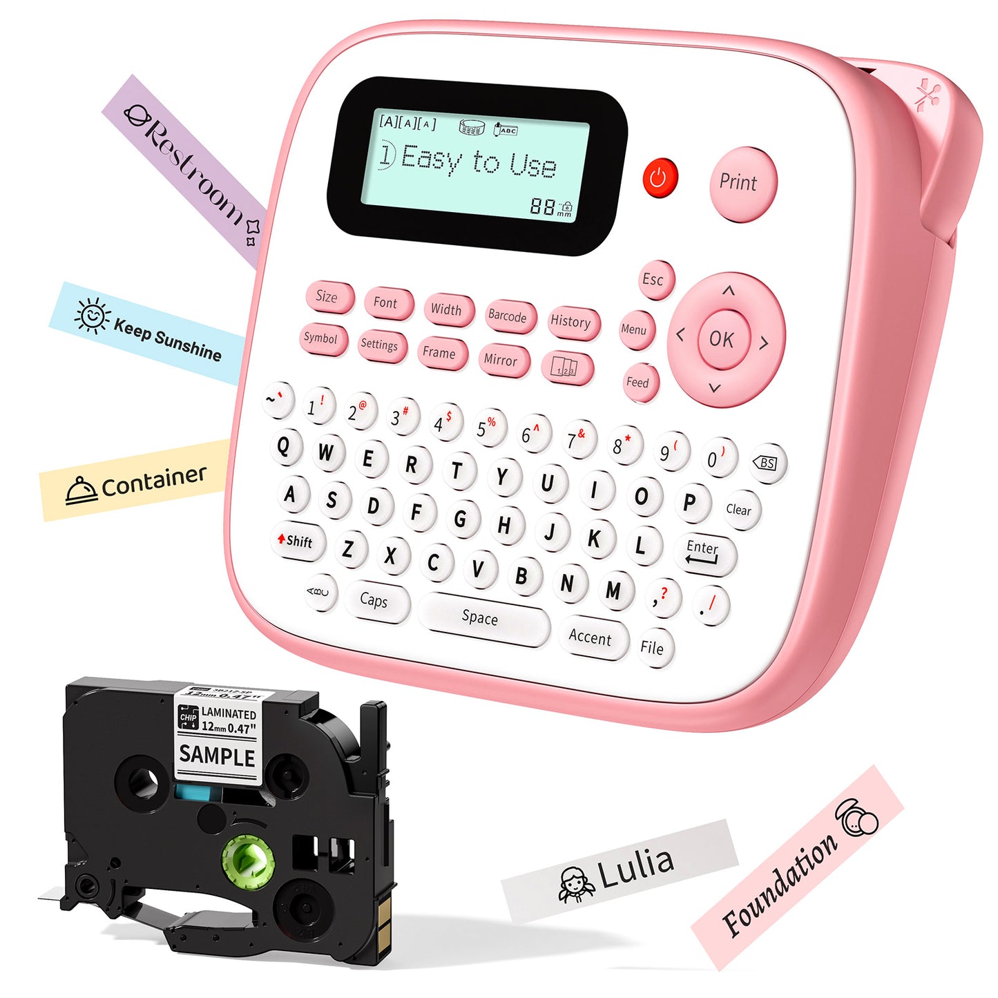 EazeID Pink Label Maker Machine with-Tape, Portable Kids Label Maker, Handheld Electric Label Maker with keyboard, D210S Easy Labeler with Multiple Fonts Frame Barcode for Home Office School Supplies