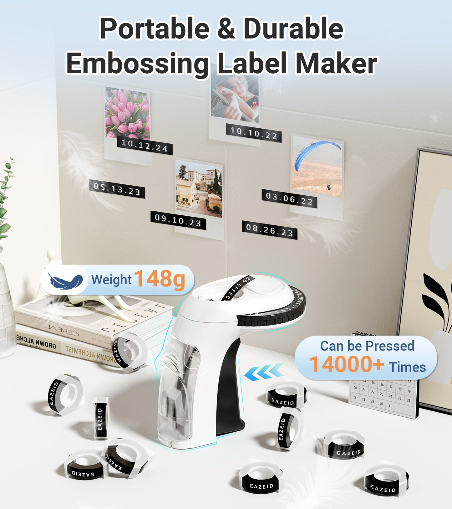 EazeID Embossing Label Maker, Embossed Label Maker Labels-Waterproof for Scrapbooking Supplies, Vintage Manual Labeler Machine with 3D 10-Roll Tapes Black for Home Office & Kids School Items