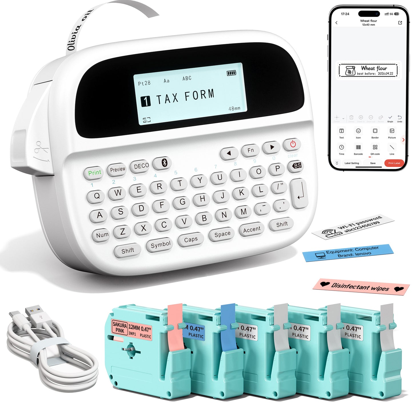 M950 Label Maker Machine with 5 Color Tapes, Rechargeable Backlit Label Maker Waterproof-Labels 12mm, Portable Labeler for Home Office School Kitchen, Kids Teachers Daily Organization