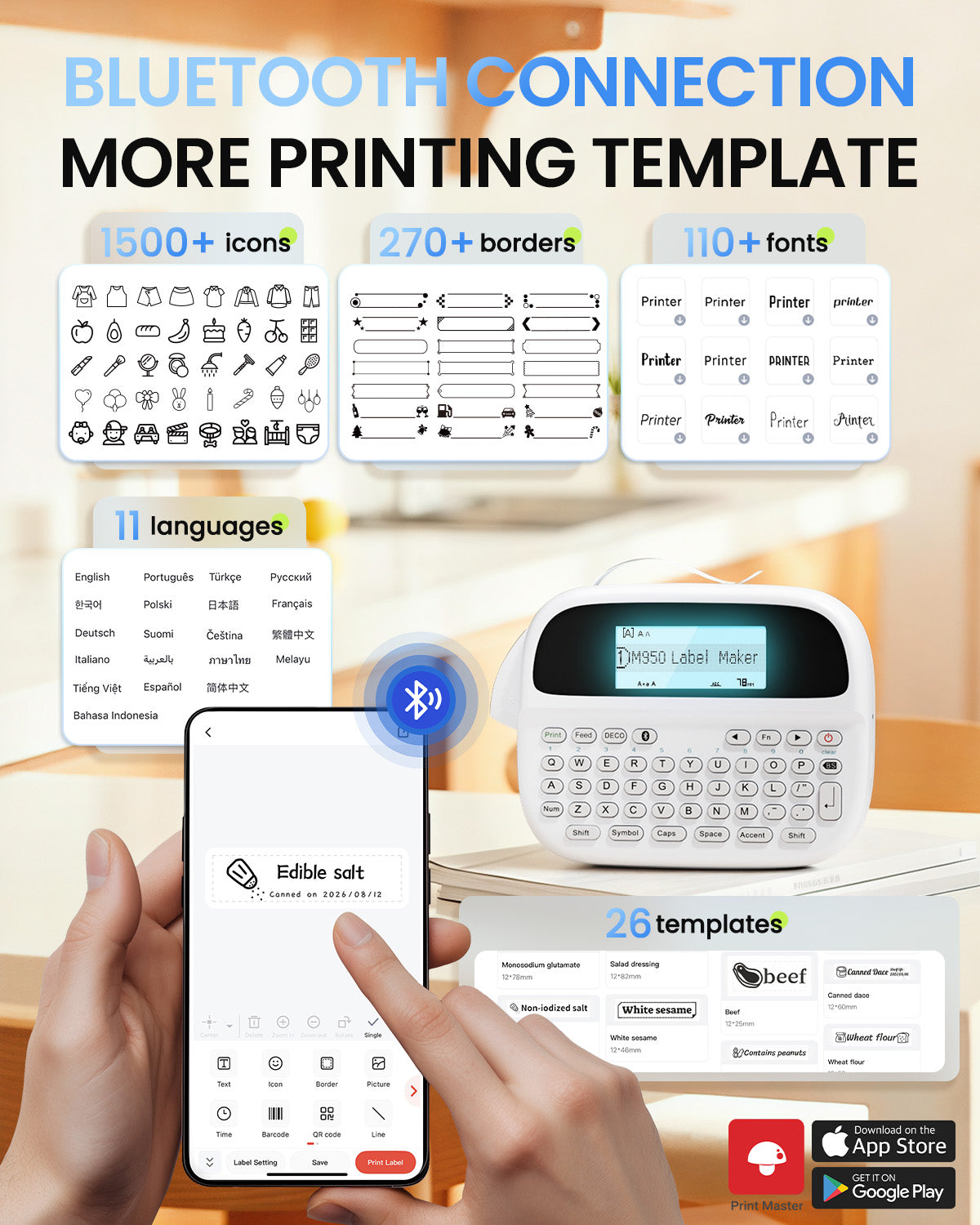 Label Maker Machine with-Tape, Rechargeable Label Maker Waterproof-Labels, Handheld Electric Label Maker with Keyboard, Backlit & Bluetooth Labeler, M950 for Home Kitchen Office School Kids Teachers